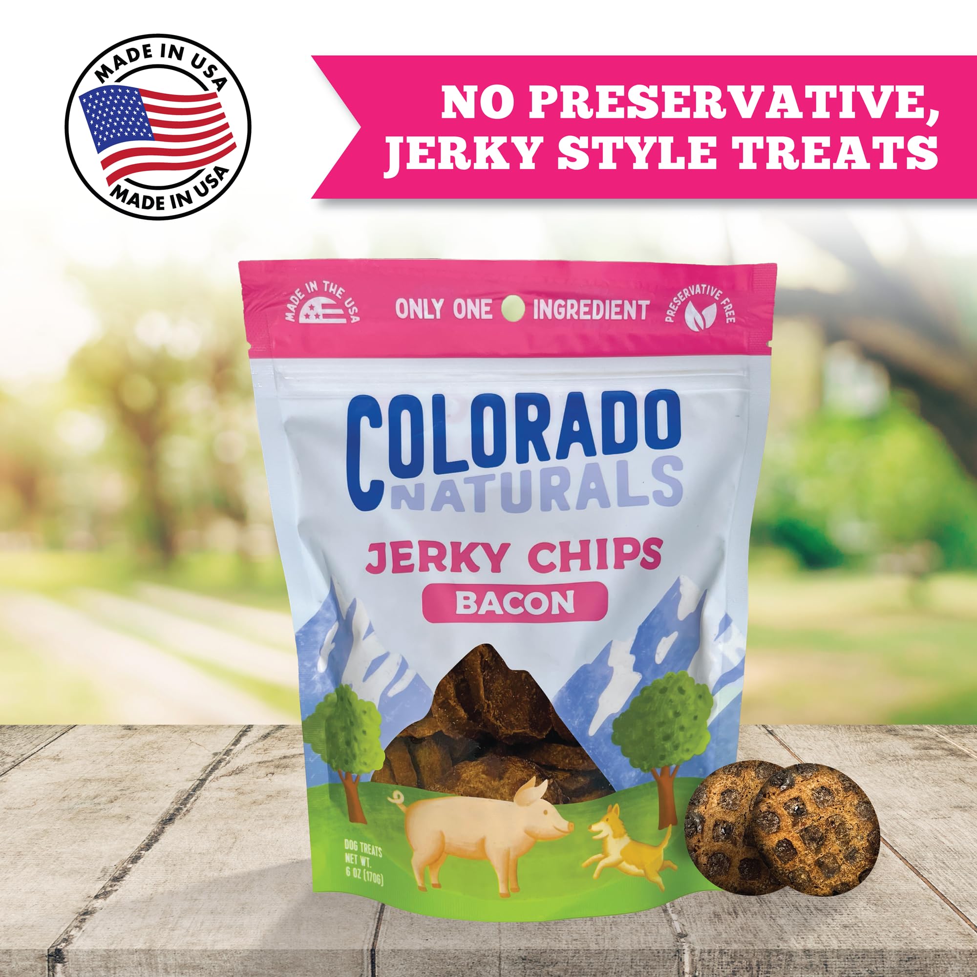 Colorado Naturals Bacon Jerky Chips Dog Treats – All-Natural, Made in USA, 6 oz, No Fillers or Preservatives, High Protein