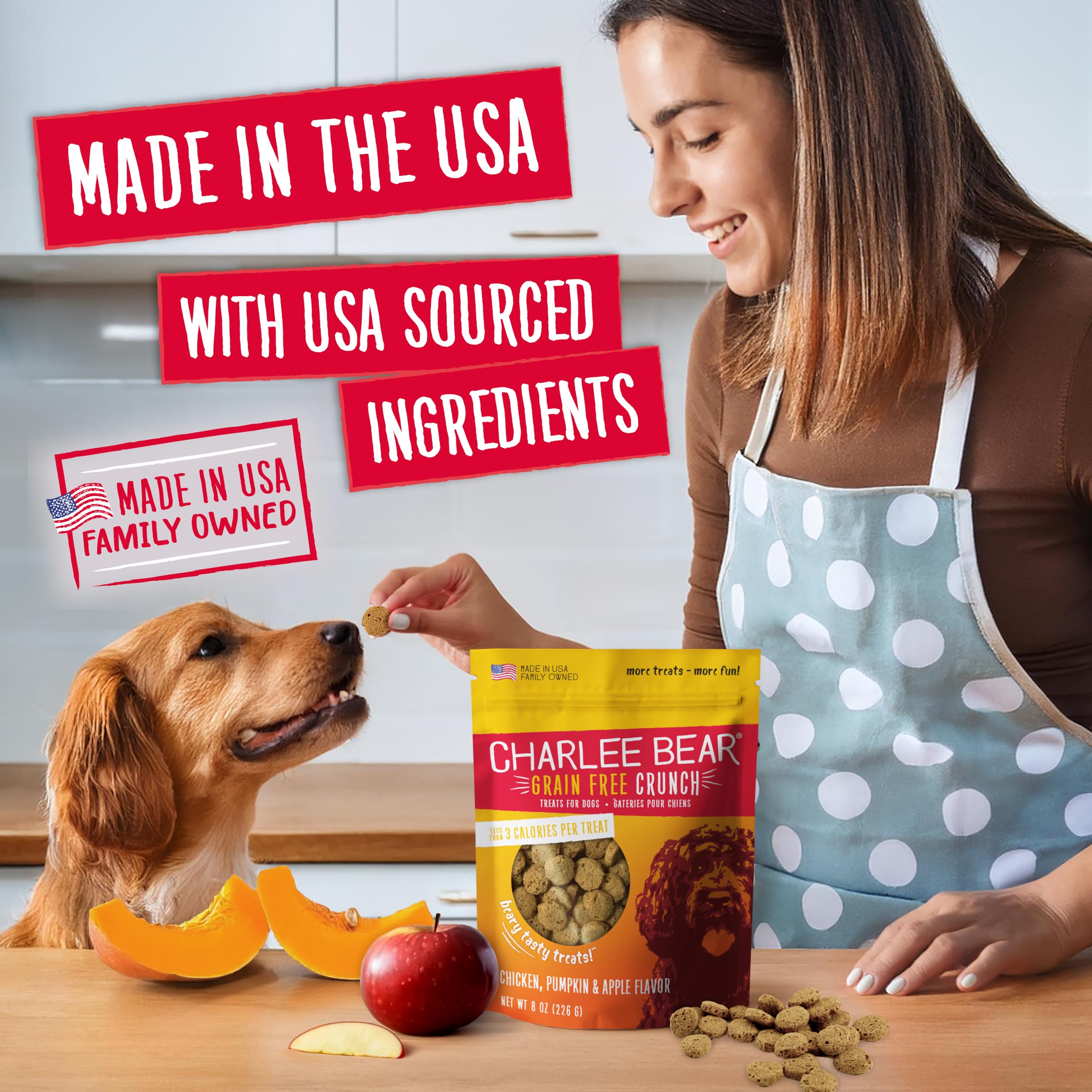 Charlee Bear Crunch Grain Free Dog Treats, Chicken, Pumpkin and Apple, 2 Ounce Resealable Bag, Low Calorie Training Treats for D