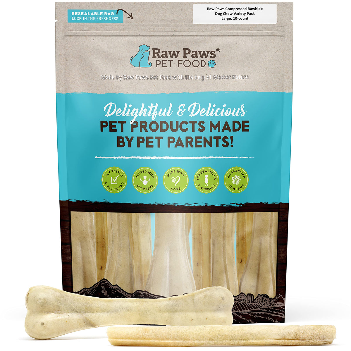 Raw Paws Compressed Rawhide Dog Chew Variety Pack, 10 Pack - 10' Compressed Rawhide Sticks & 10' Bones - Large Dog Bones For Aggressive Chewers - Pressed Rawhide Dog Bones Value Pack - Large Dog Chews