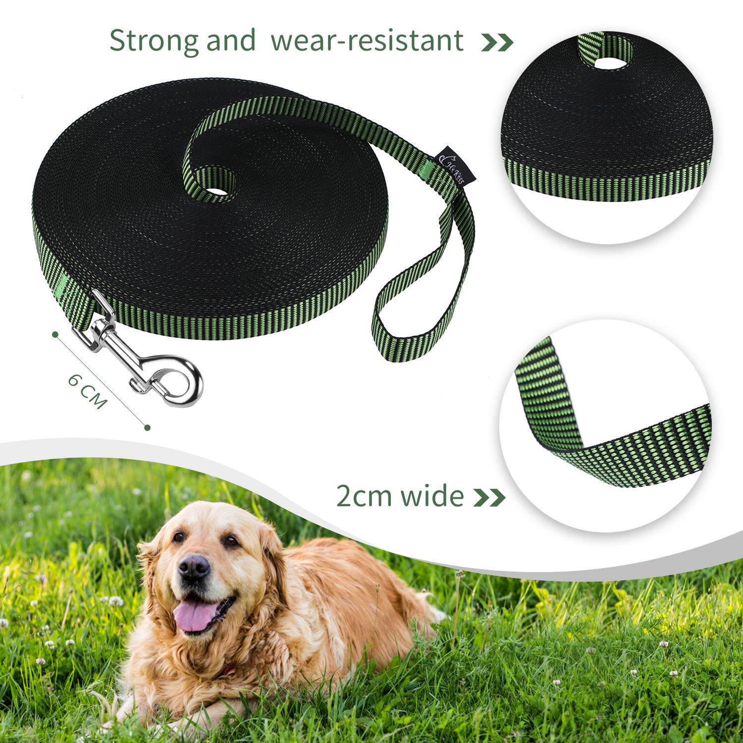 Hi Kiss Dog/Puppy Obedience Recall Training Agility Lead - 15Ft 20Ft 30Ft 50Ft 100Ft Training Leash - Great For Training, Play, Camping, Or Backyard(100Ft,Black_Green)