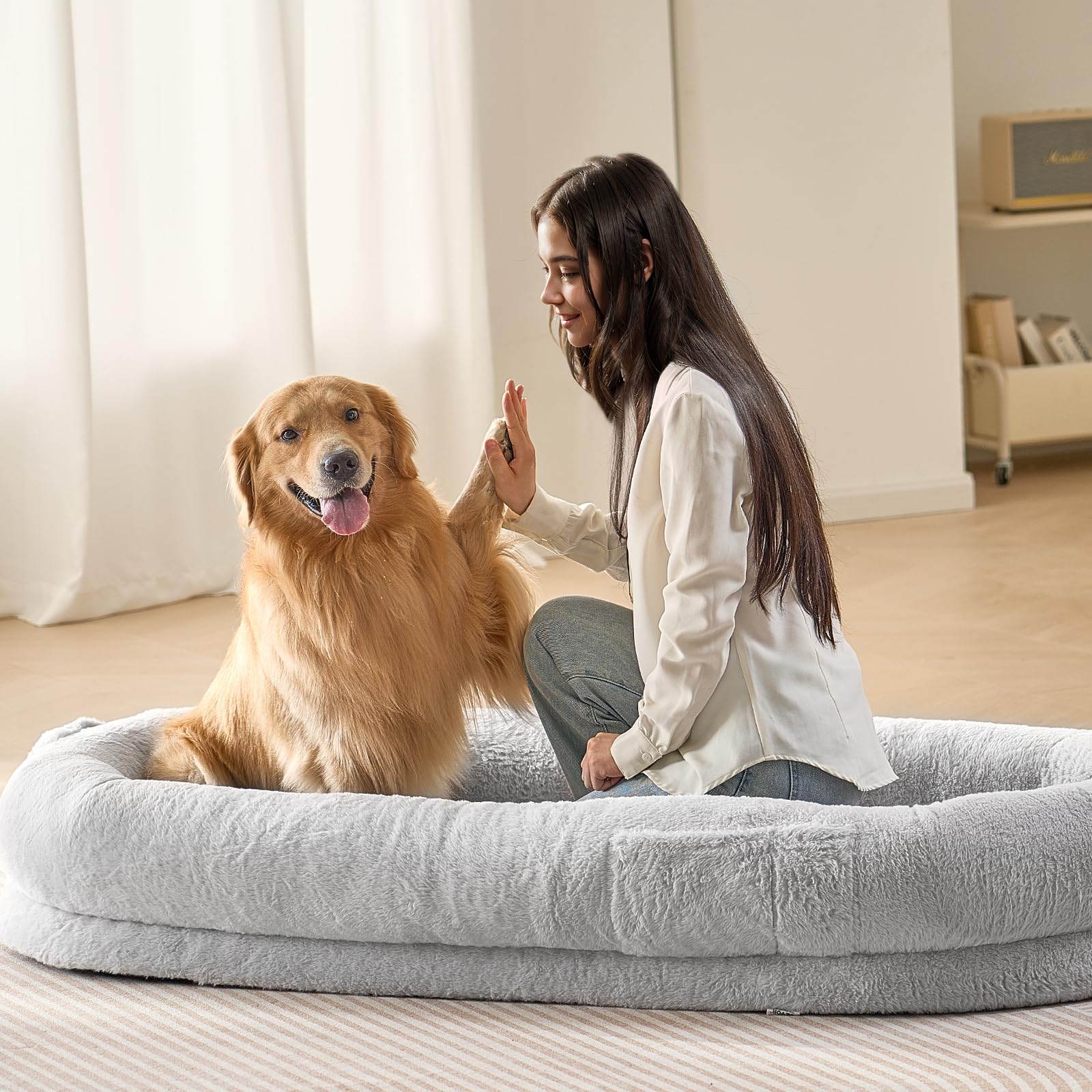 Vevor Human Dog Bed, 67.7'X35'X9.8' Human Dog Bed For Adult, Human Size Dog Bed With Washable Faux Rabbit Fur Cover, Egg Orthopedic Foam, Storage Pocket, Large Dog Bean Bed, Light Grey