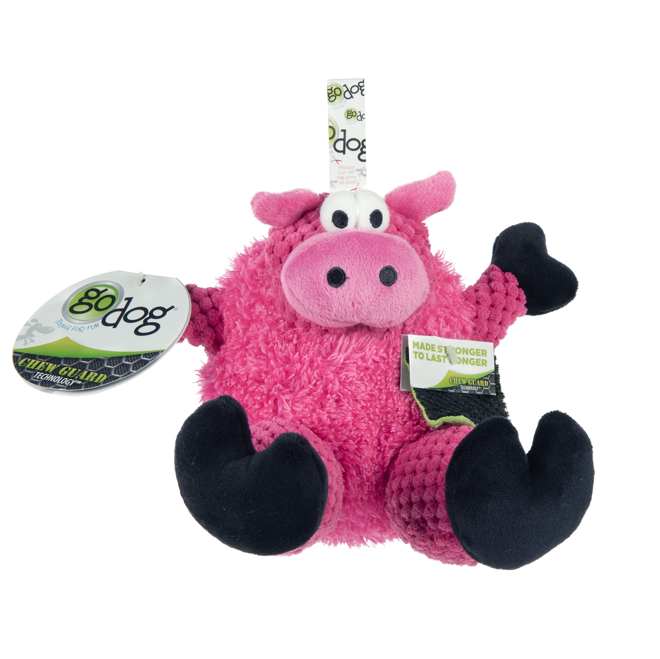 Godog Checkers Sitting Pig Squeaky Plush Dog Toy, Chew Guard Technology - Pink, Small