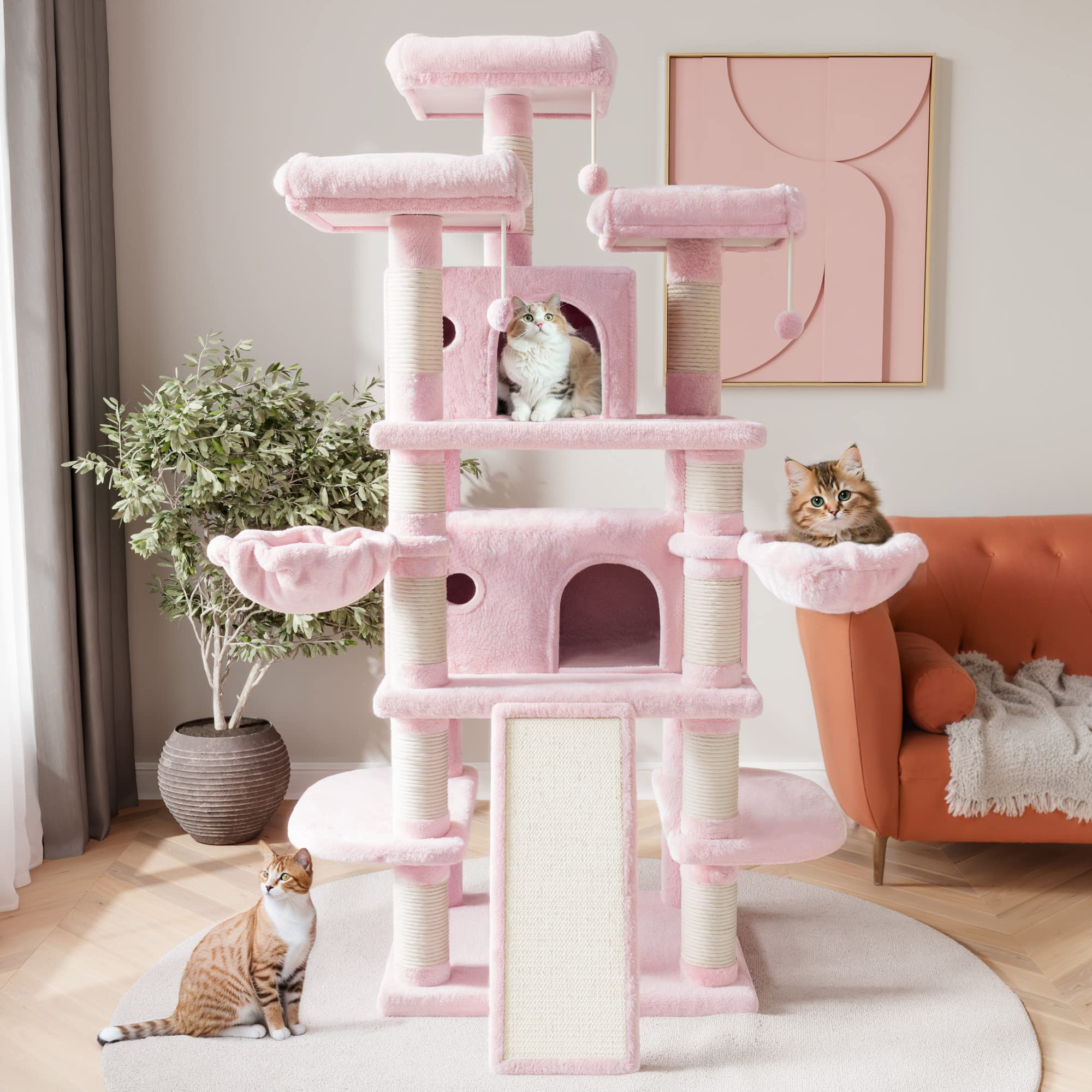 Sha Cerlin 68 Inches Multi-Level Large Cat Tree For Large Cats/Big Cat Tower With Cat Condo/Cozy Plush Cat Perches/Sisal Scratching Posts And Hammocks/Cat Activity Center Play House, Pink