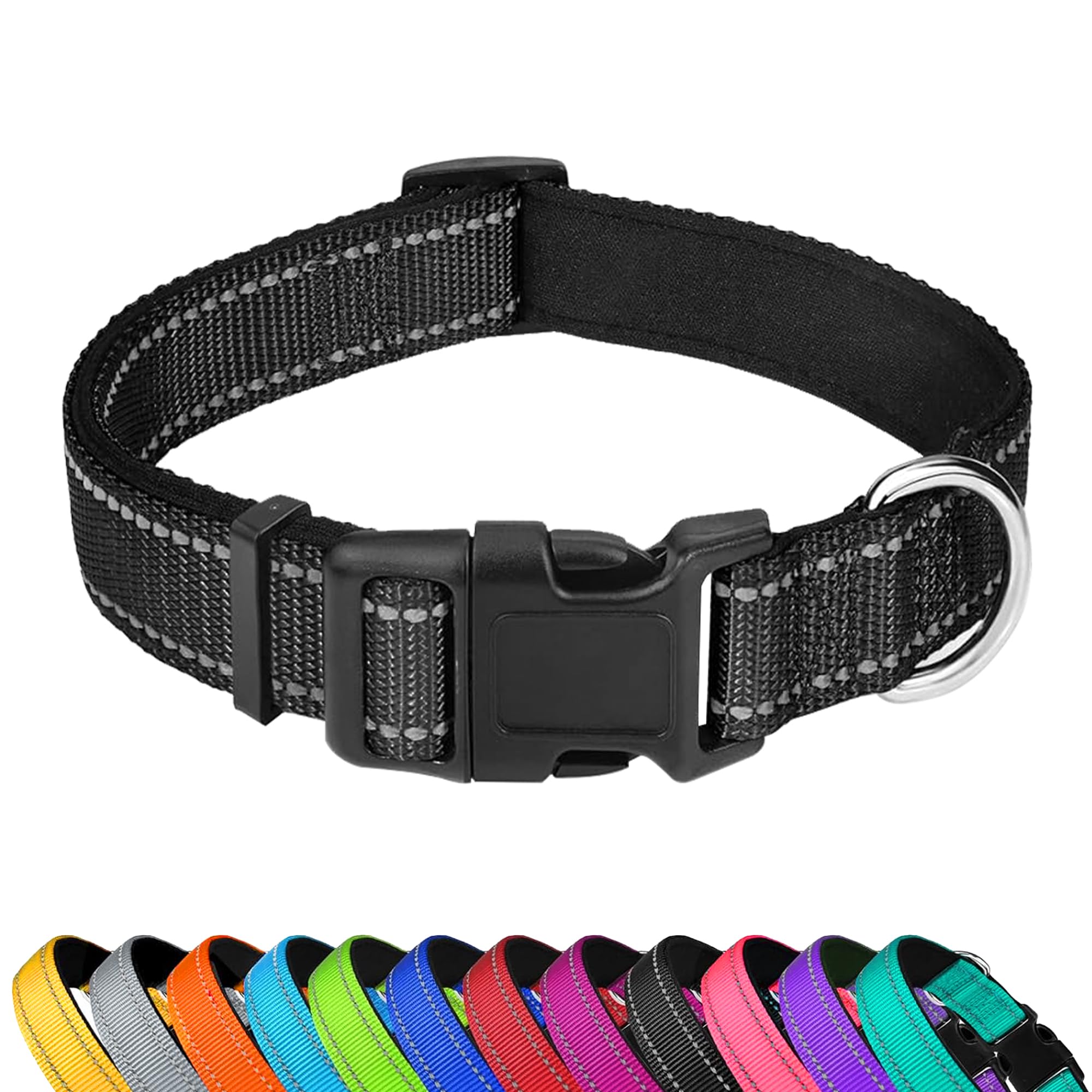 Pwod Reflective Dog Collar, Adjustable Soft Neoprene Padded Nylon Pet Collars With Buckle For Small Dogs, Black,S