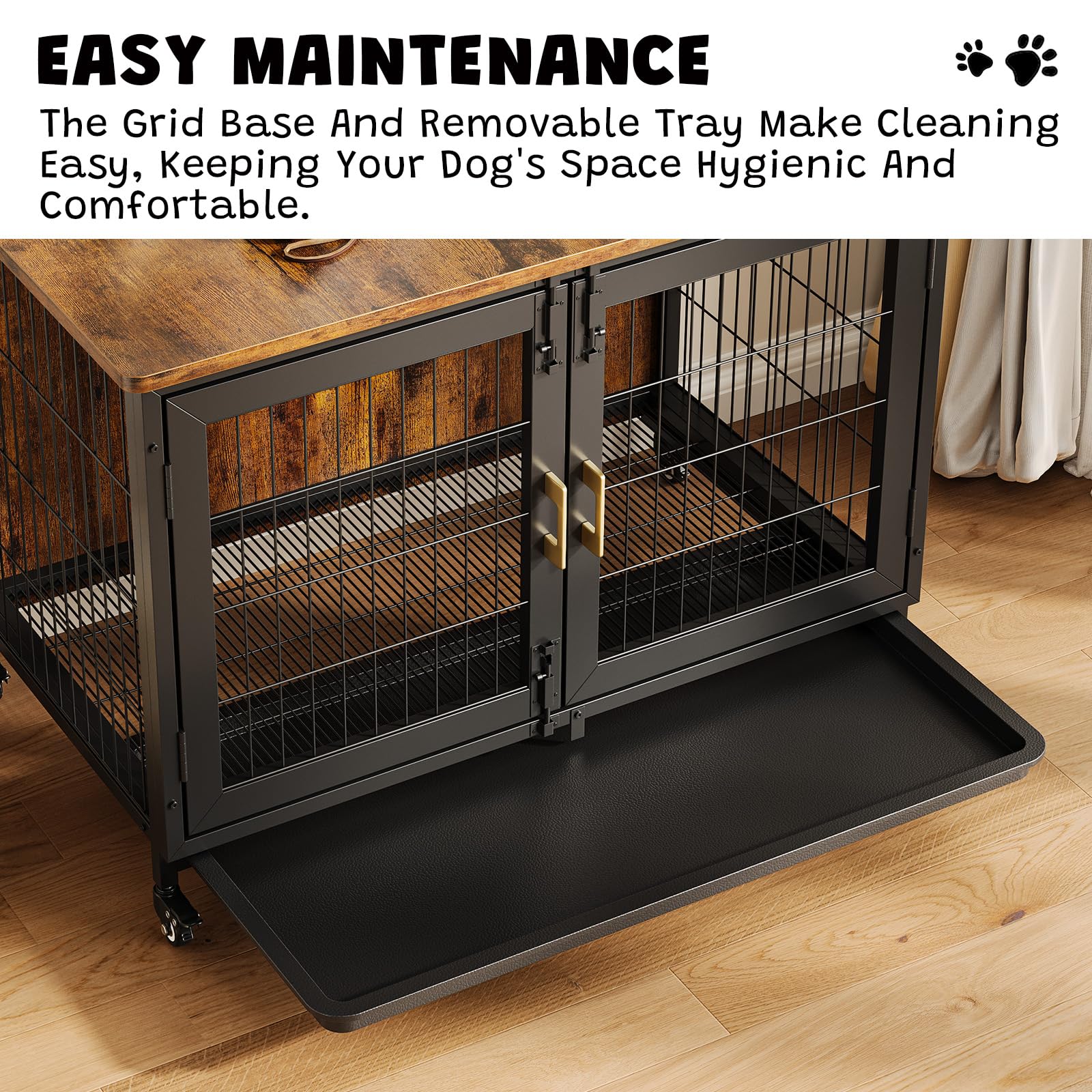 37.4 Inch Large Dog Crate Furniture, Heavy Duty Dog Kennel Furniture with Wheels, Grid Base, Removable Base, Decorative Dog Cage