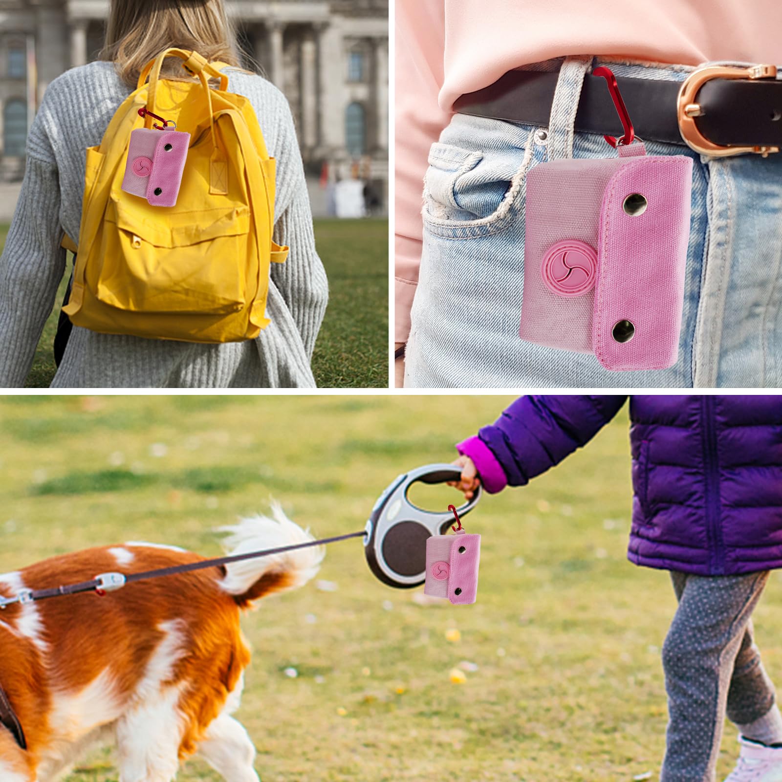 Lepawit Dog Poop Bag Holder, Portable Dog Poop Bag Dispenser With 1 Metal Clip, Pink Button Canvas Poop Pag Polders For Leashes