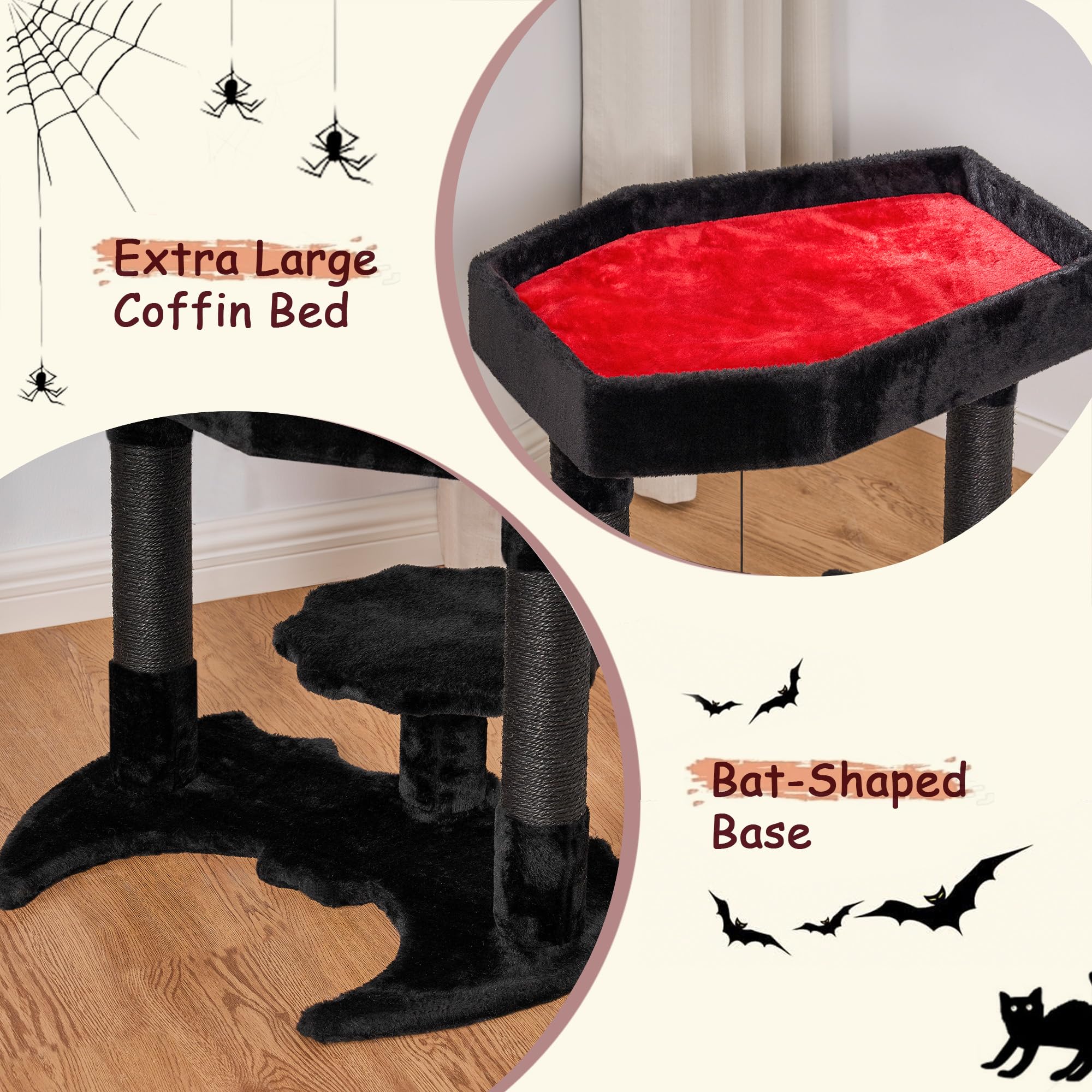 Bewishome Gothic Cat Tree With Coffin Bed Gothic Cat Tower For Indoor Pet Goth With Sisal Scratching Posts, Spider Toy For Hallo