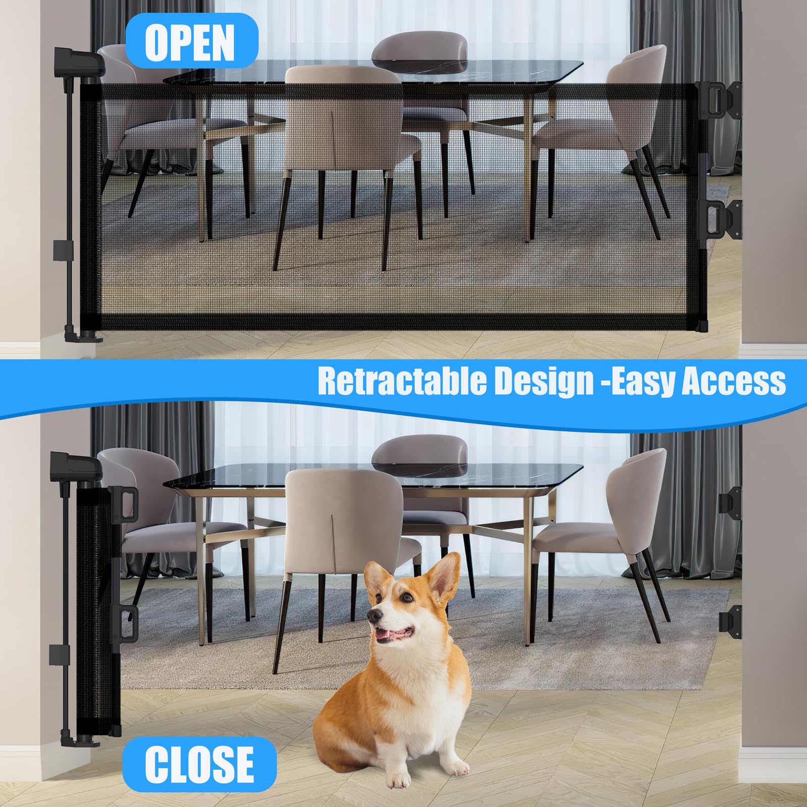 14  H Hideaway Short Dog Puppy Gate - Retractable Mesh Security Fence, Expands Up to 59 Inches - Ideal for Stairs & Doorways