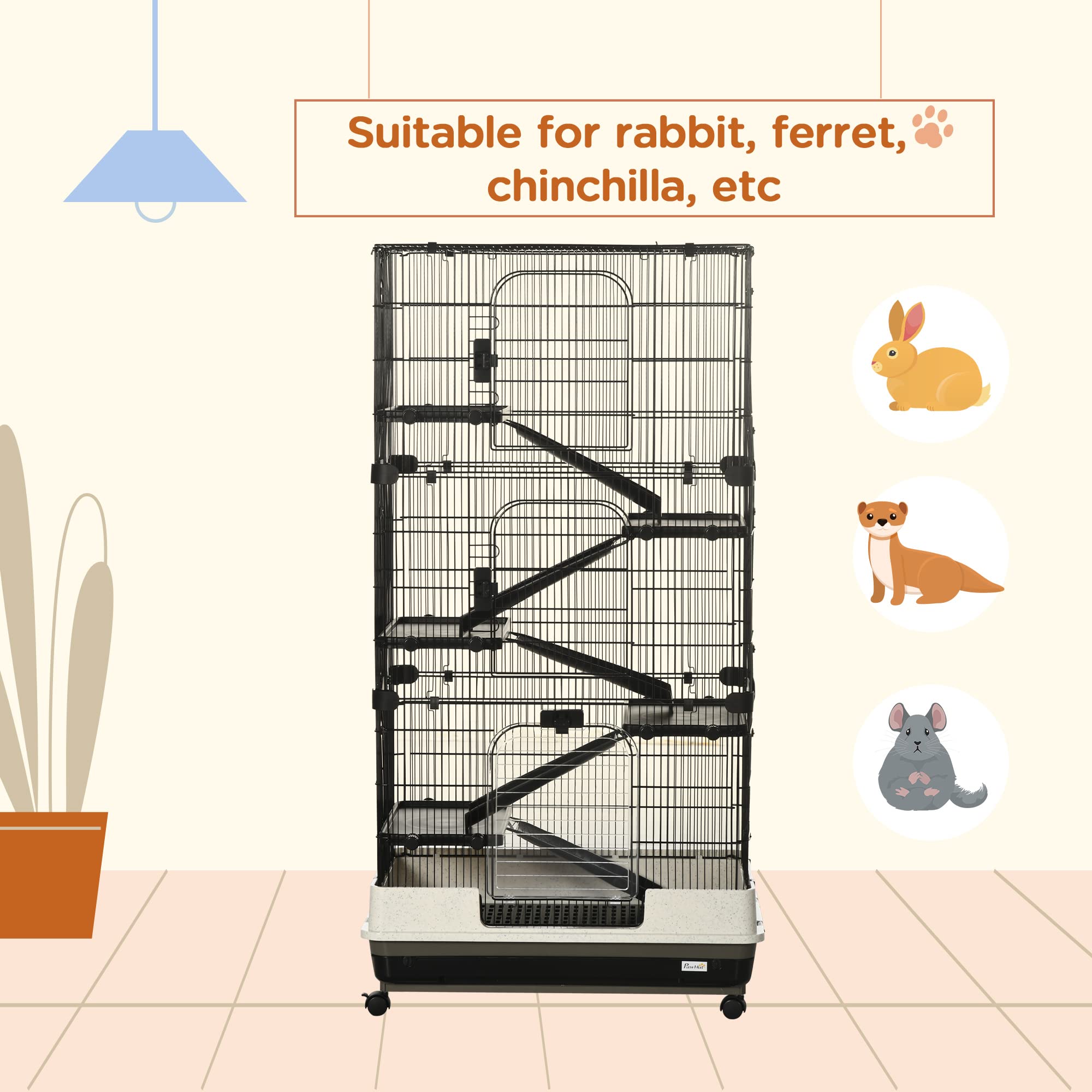 Pawhut 59.5' Small Animal Cage With Wheels, 6-Level Portable Bunny Cage, Chinchilla Ferret Cage With Removable Tray, Platform And Ramp