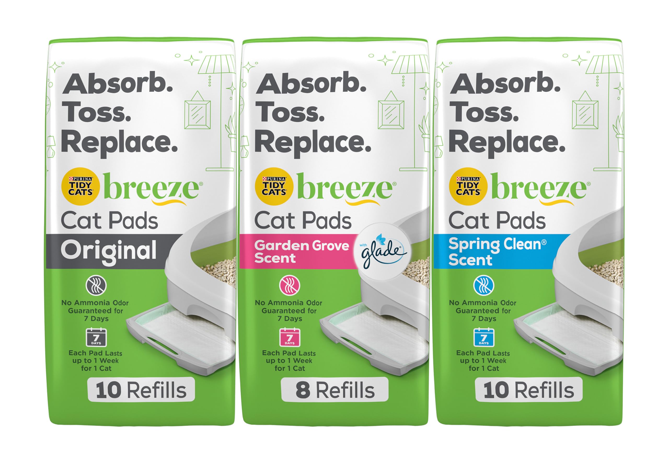 Tidy Cats Breeze Cat Pads Refill Variety Pack, 1 Original Refills, 1 Garden Grove Scent, 1 Spring Clean Scent Variety Pack