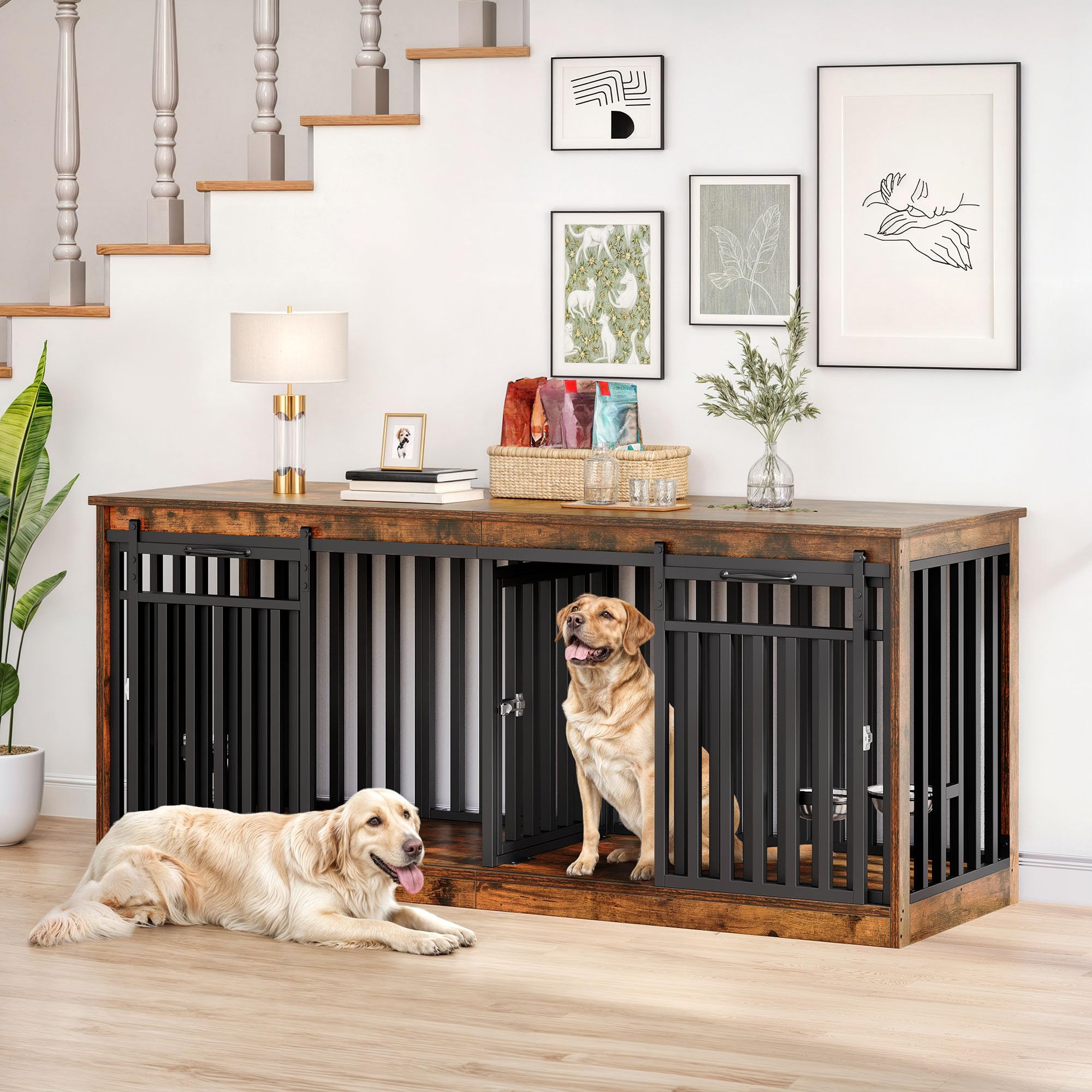 DWVO Double Dog Crate Furniture for 2 Medium Dogs, Heavy Duty Engineered Wood, Rustic Brown, 70.9"L x 23.6"W x 31.5"H, Model