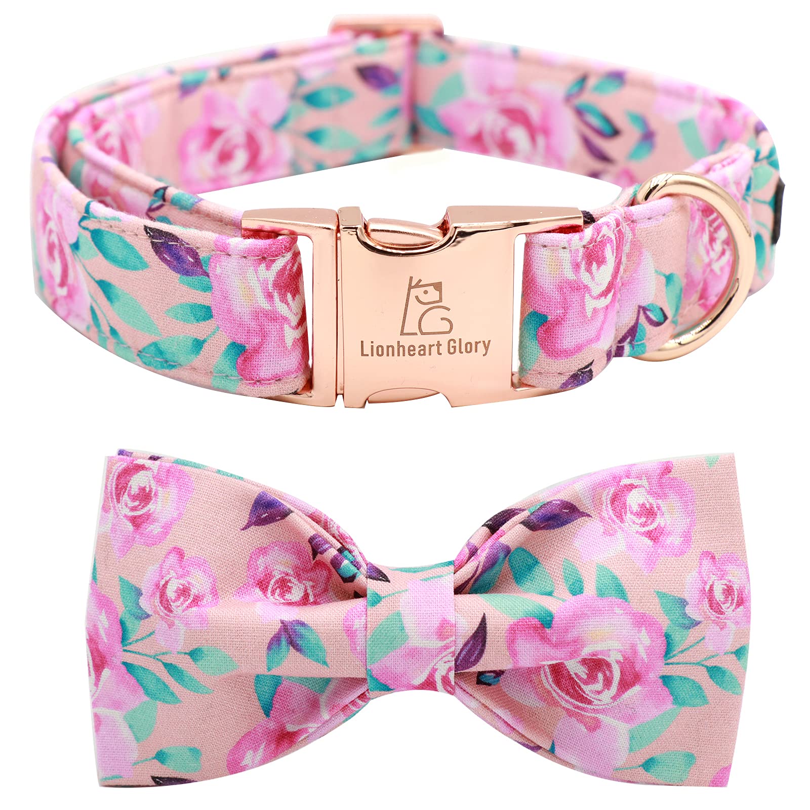 Lionheart Glory Floral Rose Print Dog Collar Adjustable Soft Dog Collar With Bowtie, Girl Pet Collars For X-Small Small Medium Large Dogs