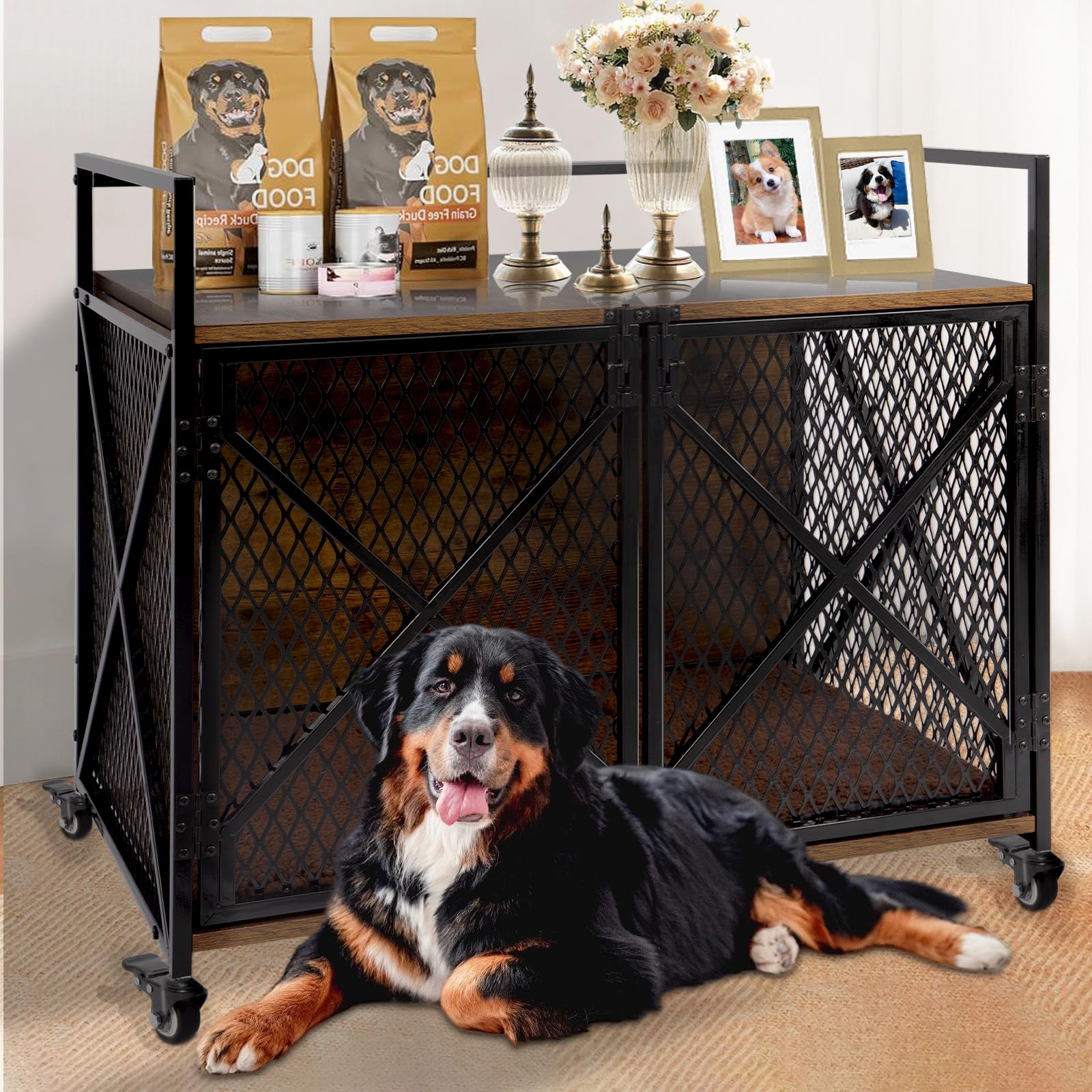 41 Dog Crate Furniture, Wooden Dog Crates for Large Medium Dogs, Heavy Duty Dog Kennel Indoor with Lockable Wheels, Furniture 