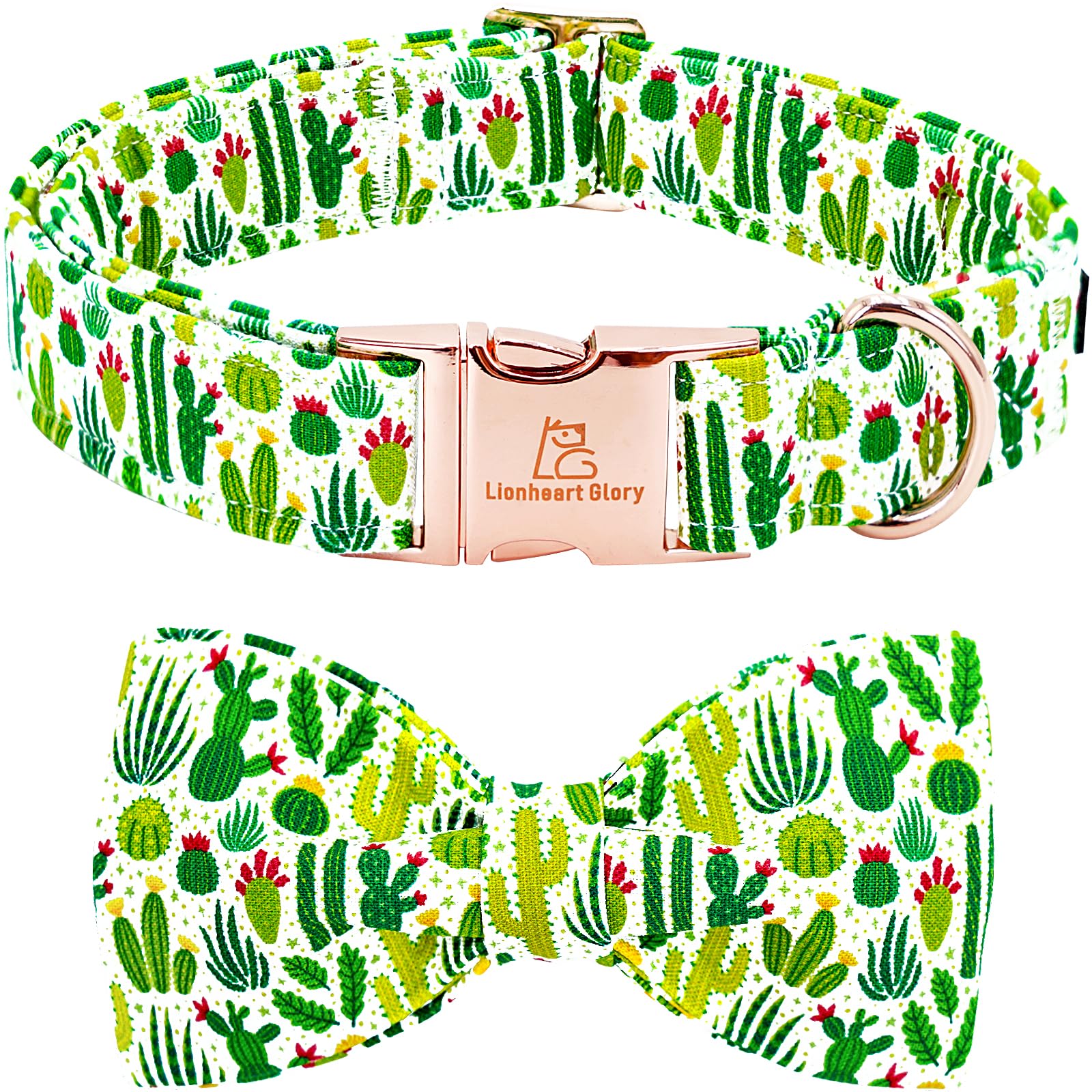 Lionheart Glory Dog Bow Collar Green Cactus Print Collars For X-Large Dogs,Spring Summer Cute Dog Collar With Bowtie Pet Collars