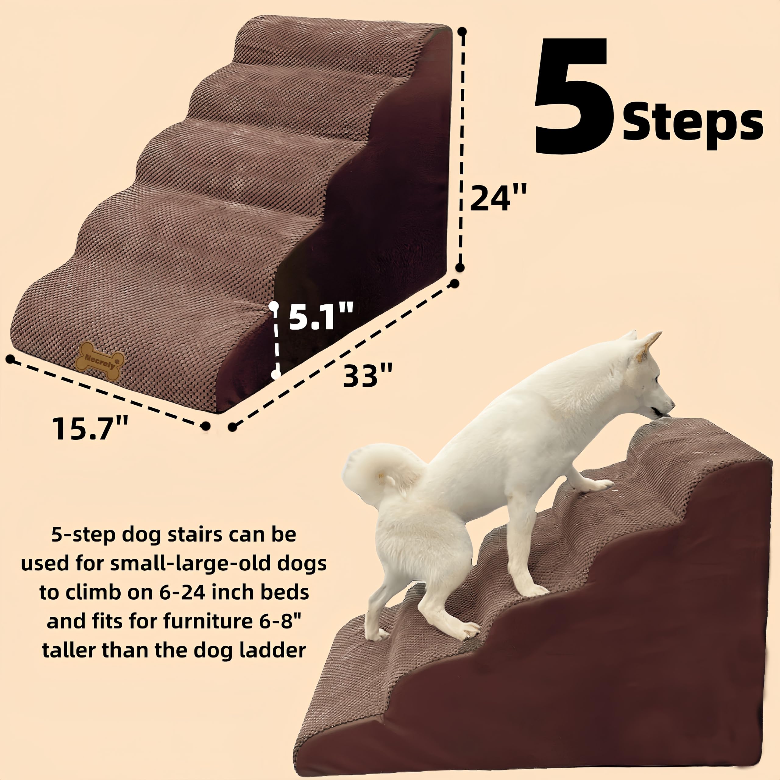 Dog Stairs & Pet Ramp For Small/Large Dogs To High Beds/Couches - 5 Steps 24-Inch Height For 18-30 Inch Furniture, 2 Washable Co