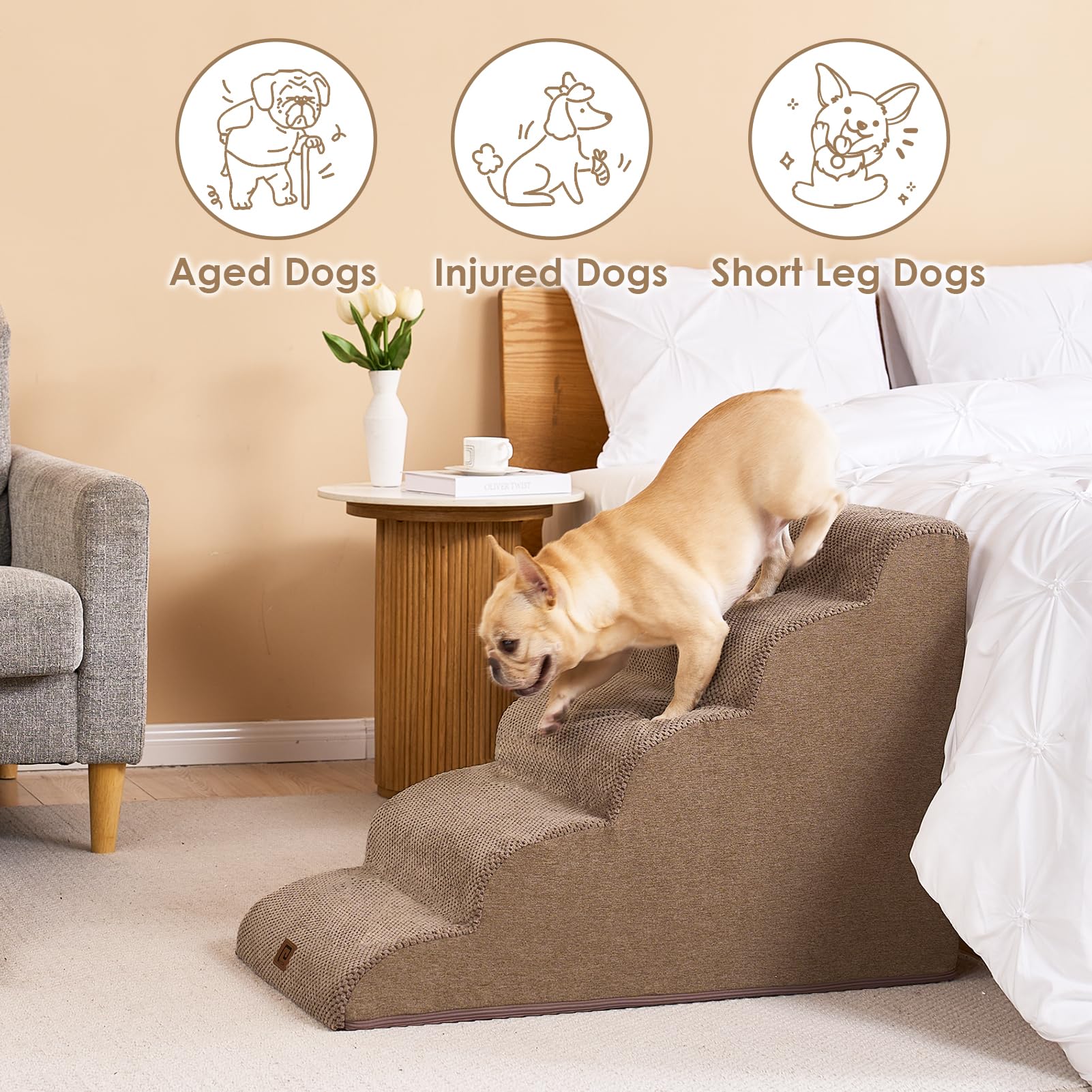 Eheyciga Curved Dog Stairs Ramp For High Beds 22.6' H, 5-Step Dog Steps For Small Dogs And Cats, Pet Stairs For High Bed Climbing, Non-Slip Balanced Pet Step Indoor, Camel