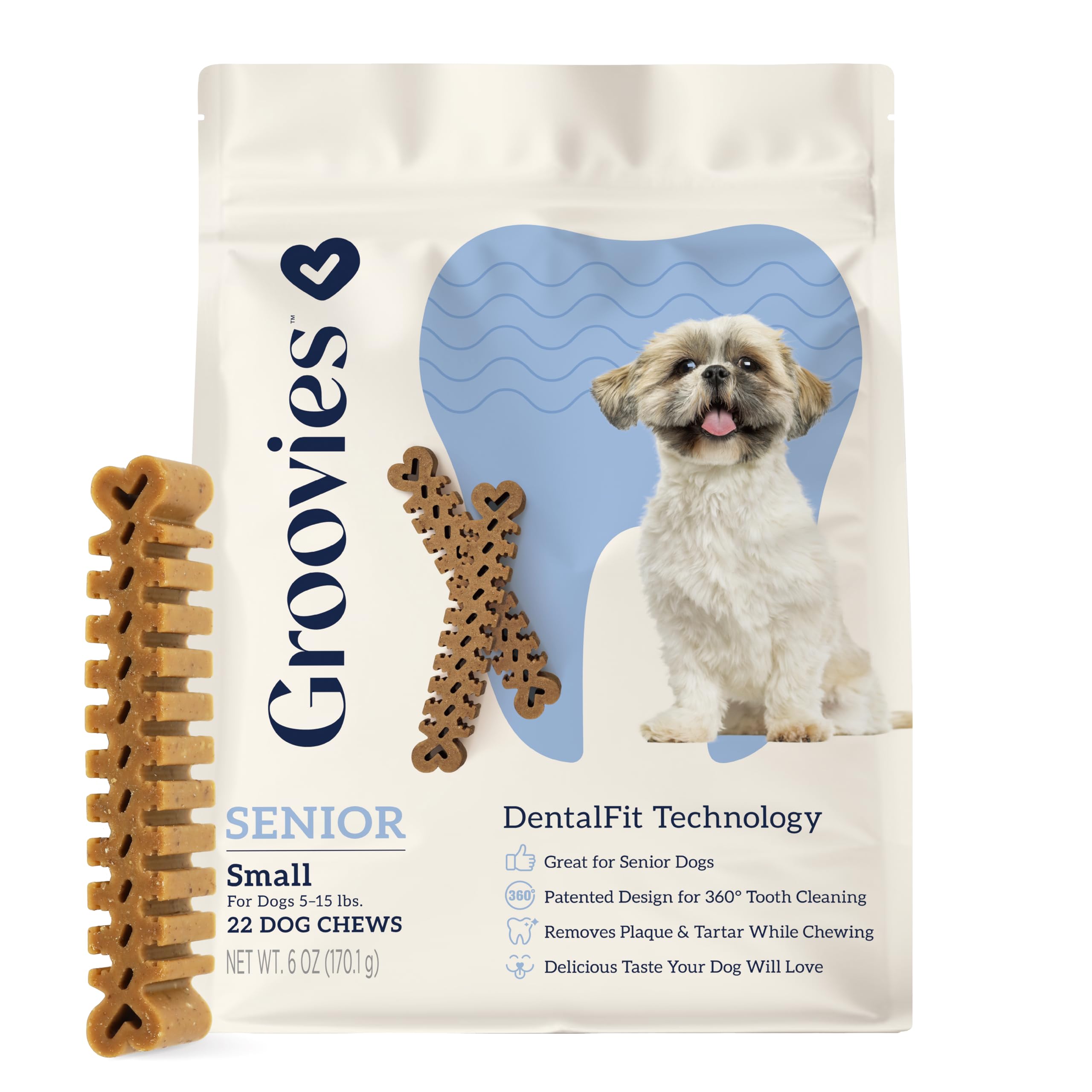 Groovies Gentle & Flexible Senior Dog Dental Chews, Contact-Cleaning Design Supporting Tartar Control & Fresh Breath, Oral Care 