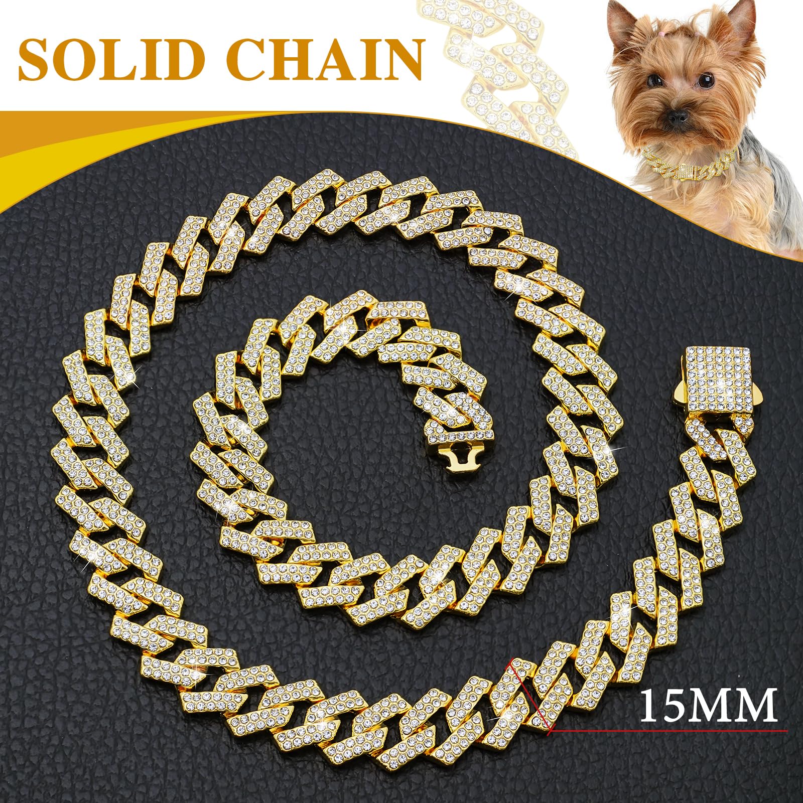 Gold Dog Chain Collar Diamond Link 15Mm Wide Dog Necklace Metal Cat Chains Pet Crystal Collars Jewelry Accessories For Small Med