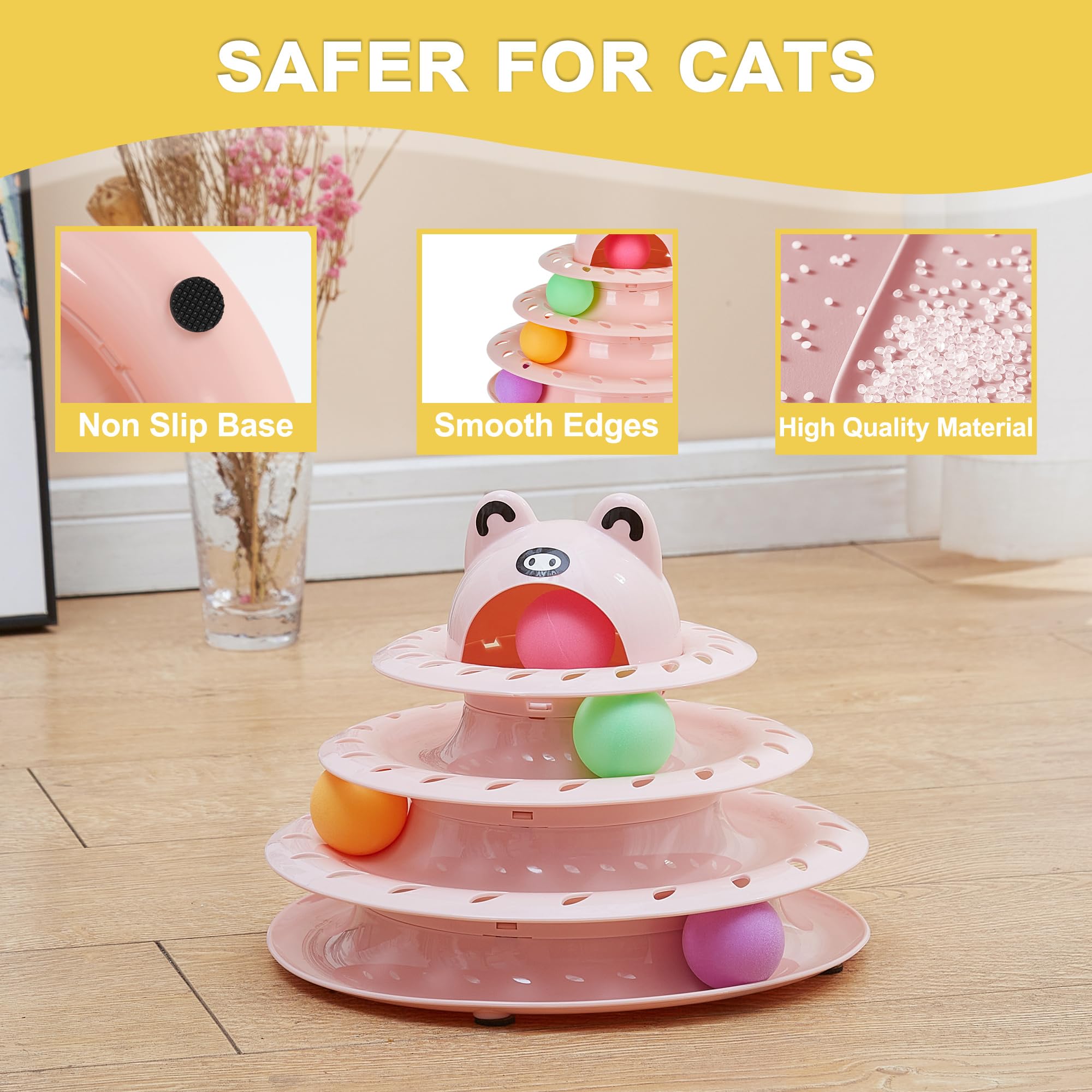Gefryco Cat Toys 4-Tier Roller Track, Turntable Cat Tower Toy with Colorful Chase Balls, Multi-Level Interactive Cat Toys for Bo