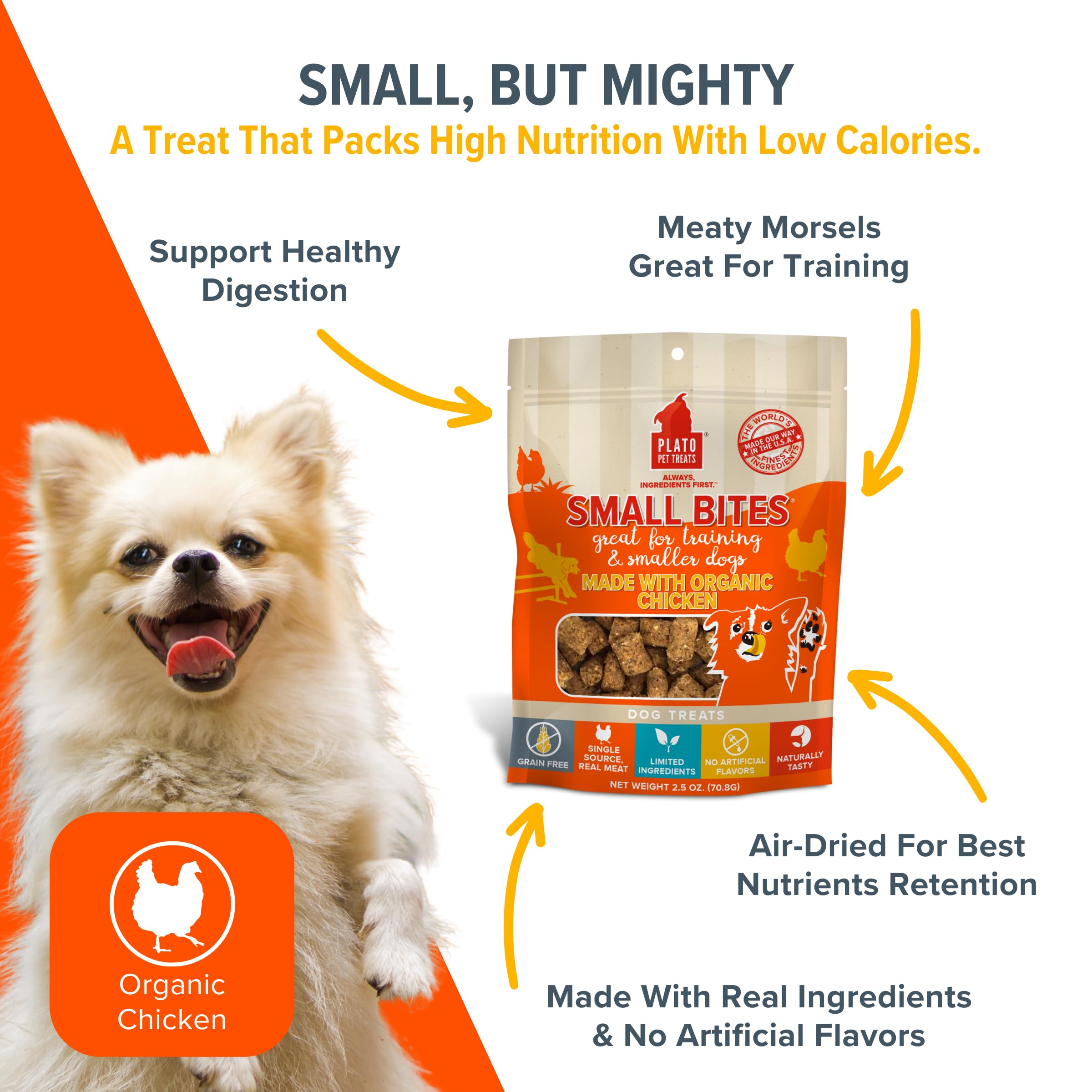 PLATO Small Bites Natural Training Dog Treats - Real Meat - Grain Free - Made in the USA - Organic Chicken Flavor, 2.5 ounces