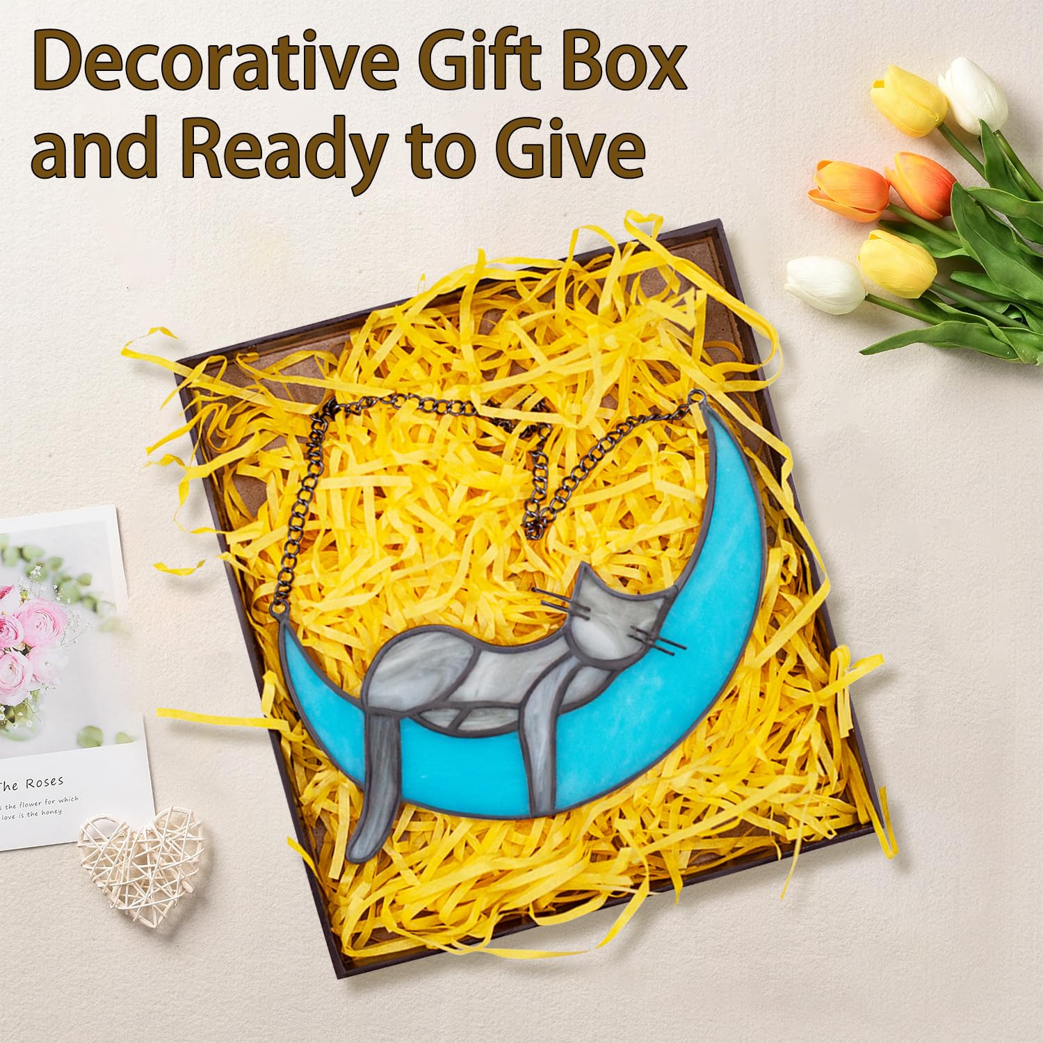 Kershyapet Rainbow Bridge Cat Memorial Gifts For Loss Of Cat Suncatcher, Handcrafted Stained Glass Window Hanging, Pet Loss Symp