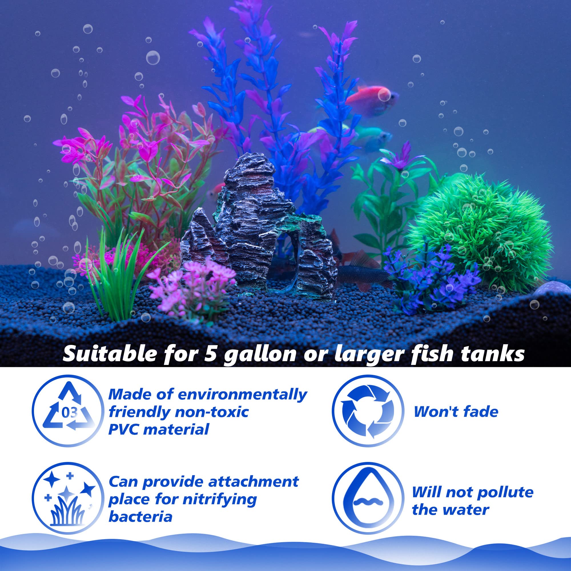 Ameliade Aquarium Artificial Plastic Plants Decorations And Rock Cave Decor Set Goldfish Betta Fish Tank Accessories Small Large Fish Bowl Ornaments
