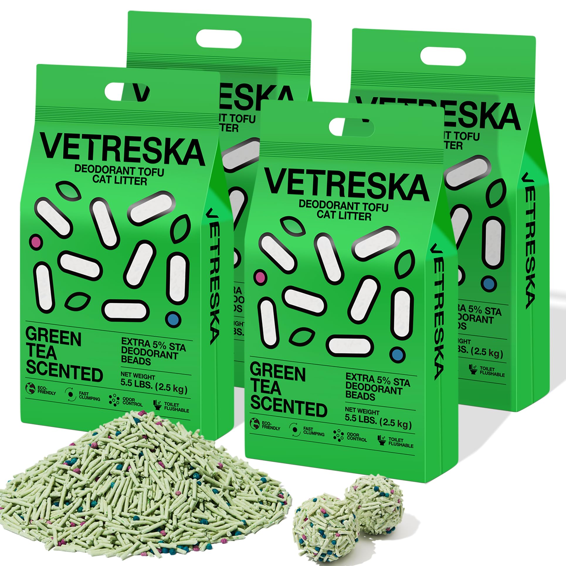 Vetreska Tofu Cat Litter, Natural Kitty Litter Strong Clumping Flushable Cat Litter Pellets Ultra Absorbent, Odor Control, Dust-