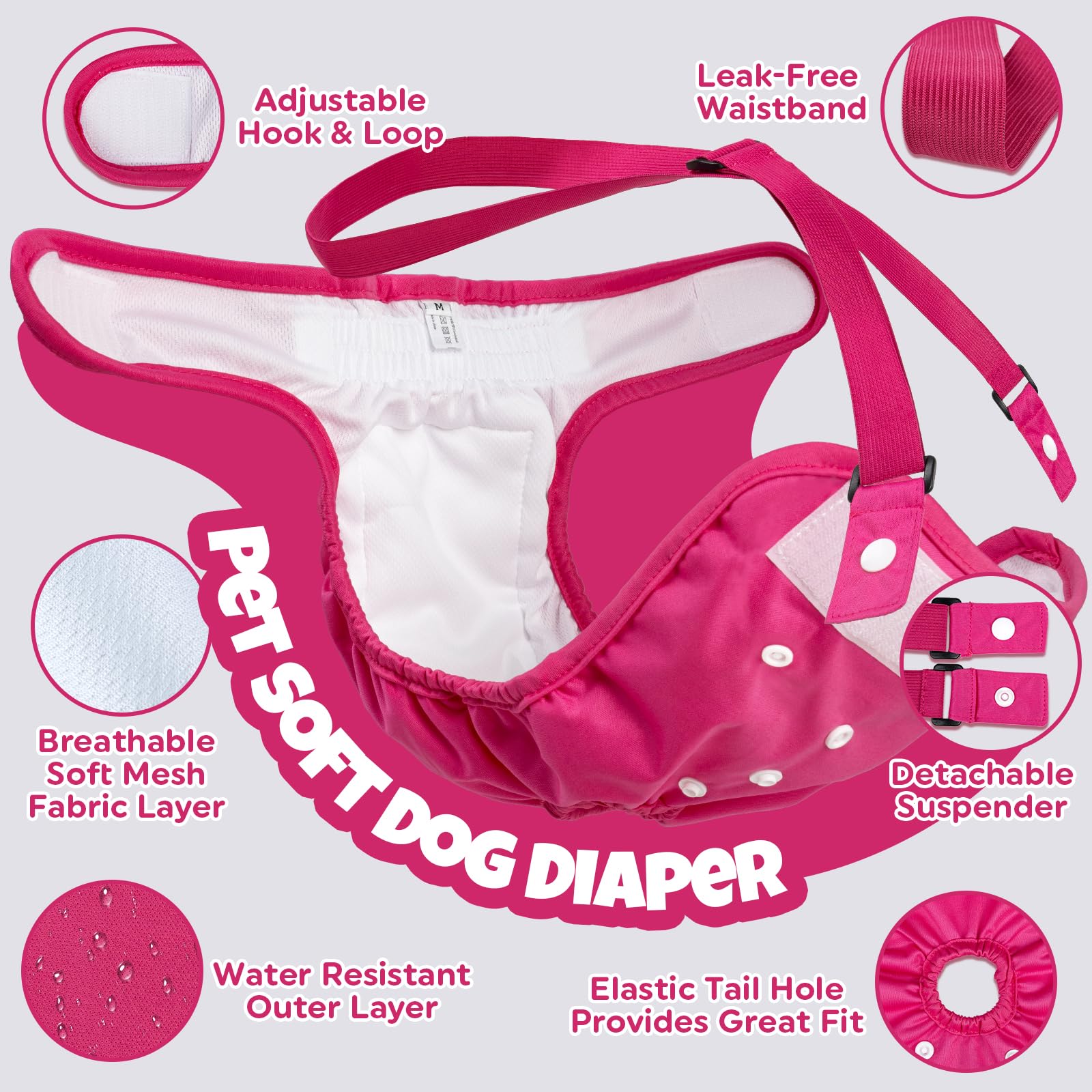 Pet Soft Washable Female Dog Diapers With Adjustable Suspenders (3 Pack) Escape-Proof & Super Absorb Reusable Diapers For Heat,