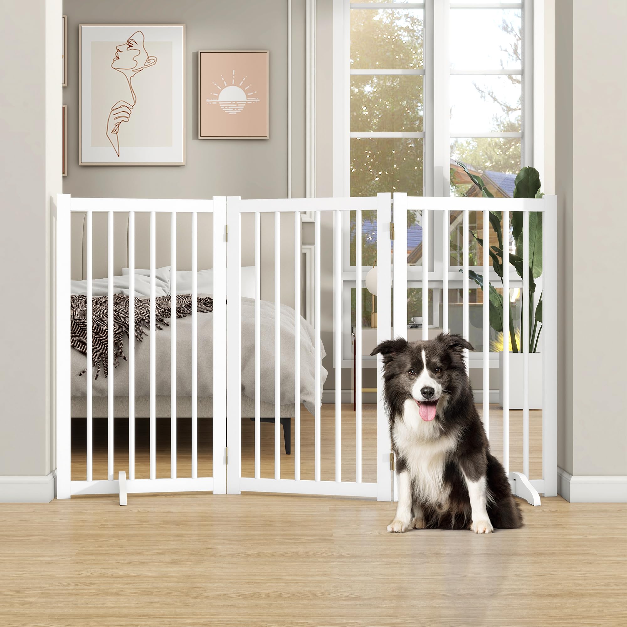 36  H Freestanding Pet Gate, Solid Wood Foldable Dog Gate with Support Feet, Wooden Tall Dog Gate for Doorway, Stairs & Indoor U