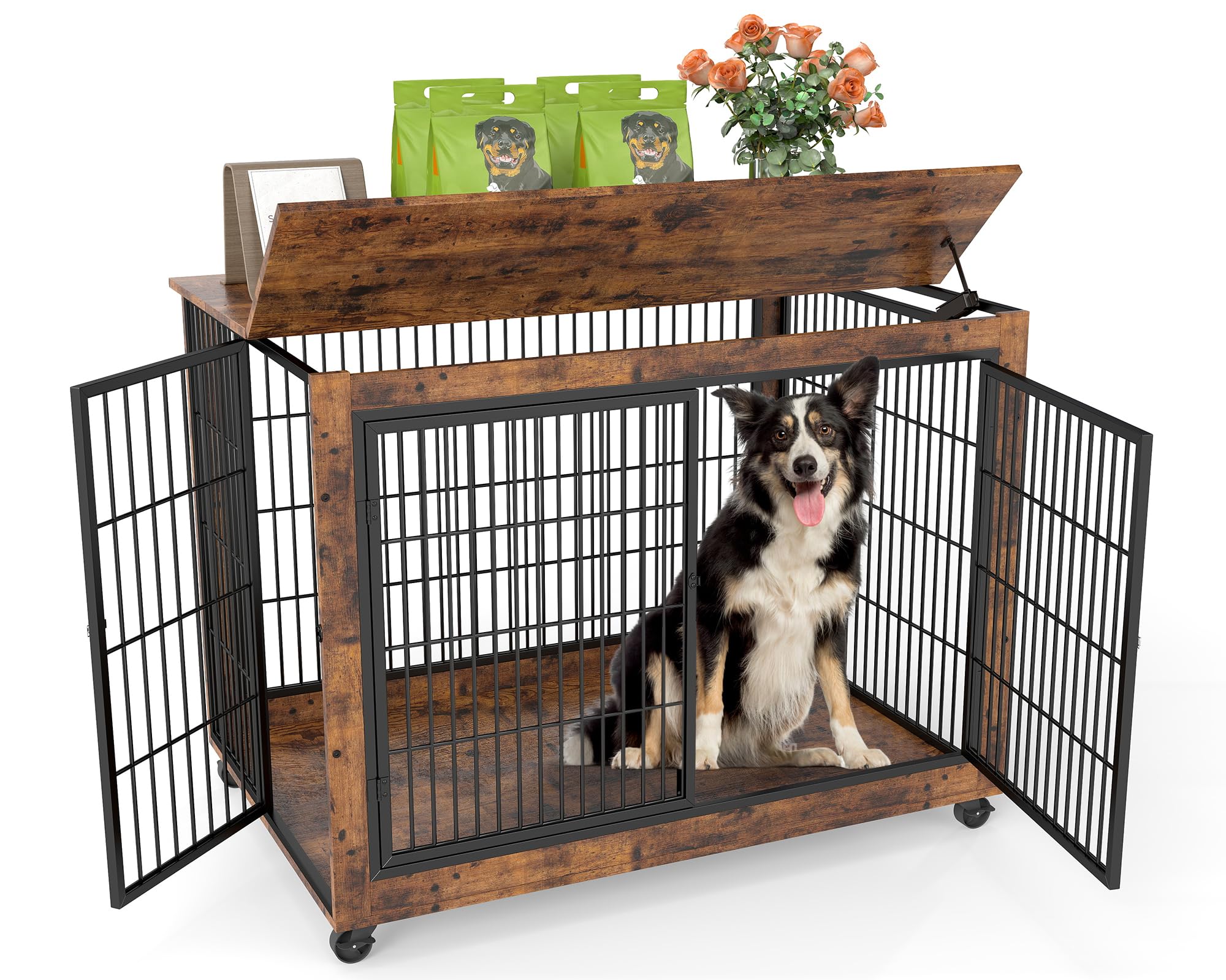 Yafylly 43 Movable Extra Large Dog Crate, Wooden Furniture Dog Crate with Top Access for Teasing/Feeding, 4 Rotating Wheels, Hea