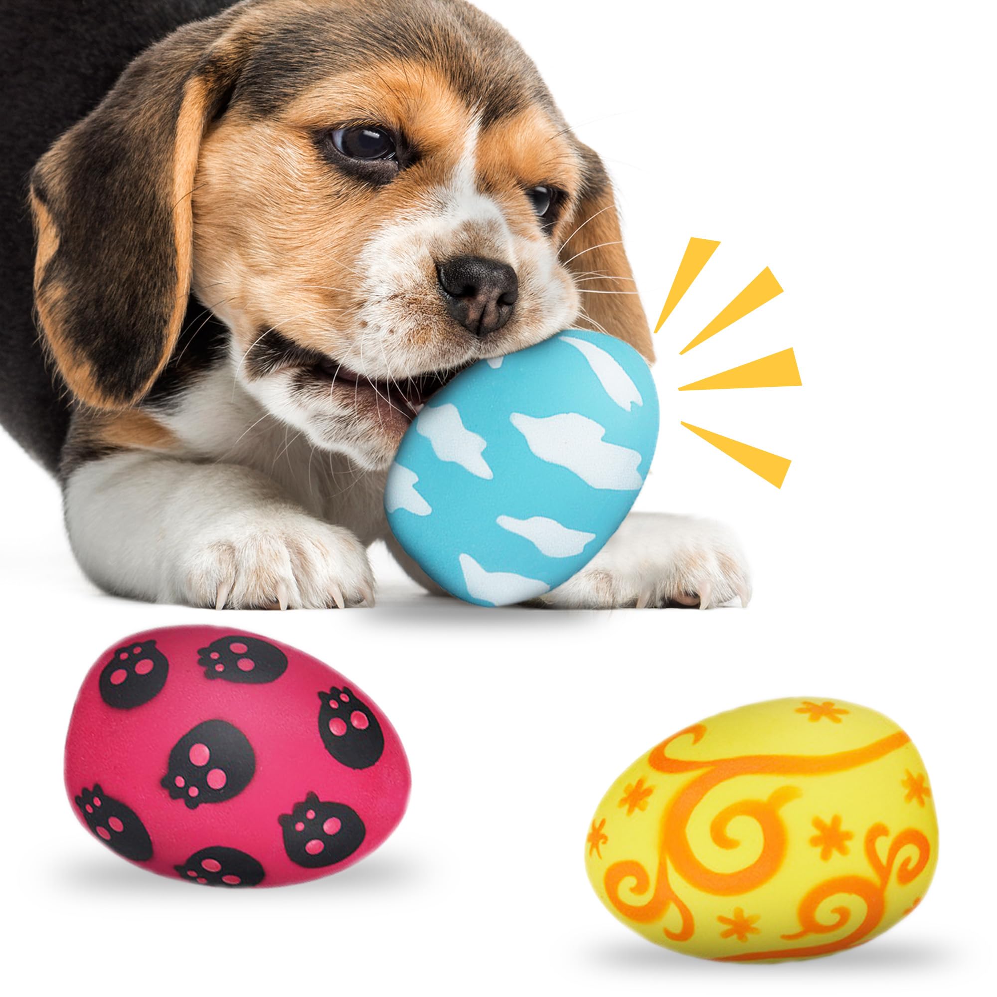 Sungrow Squeak Balls For Dogs, Companion For Puppies And Small Breeds, 3 Assorted Easter Egg Designs, Indoor, Outdoor Interactiv