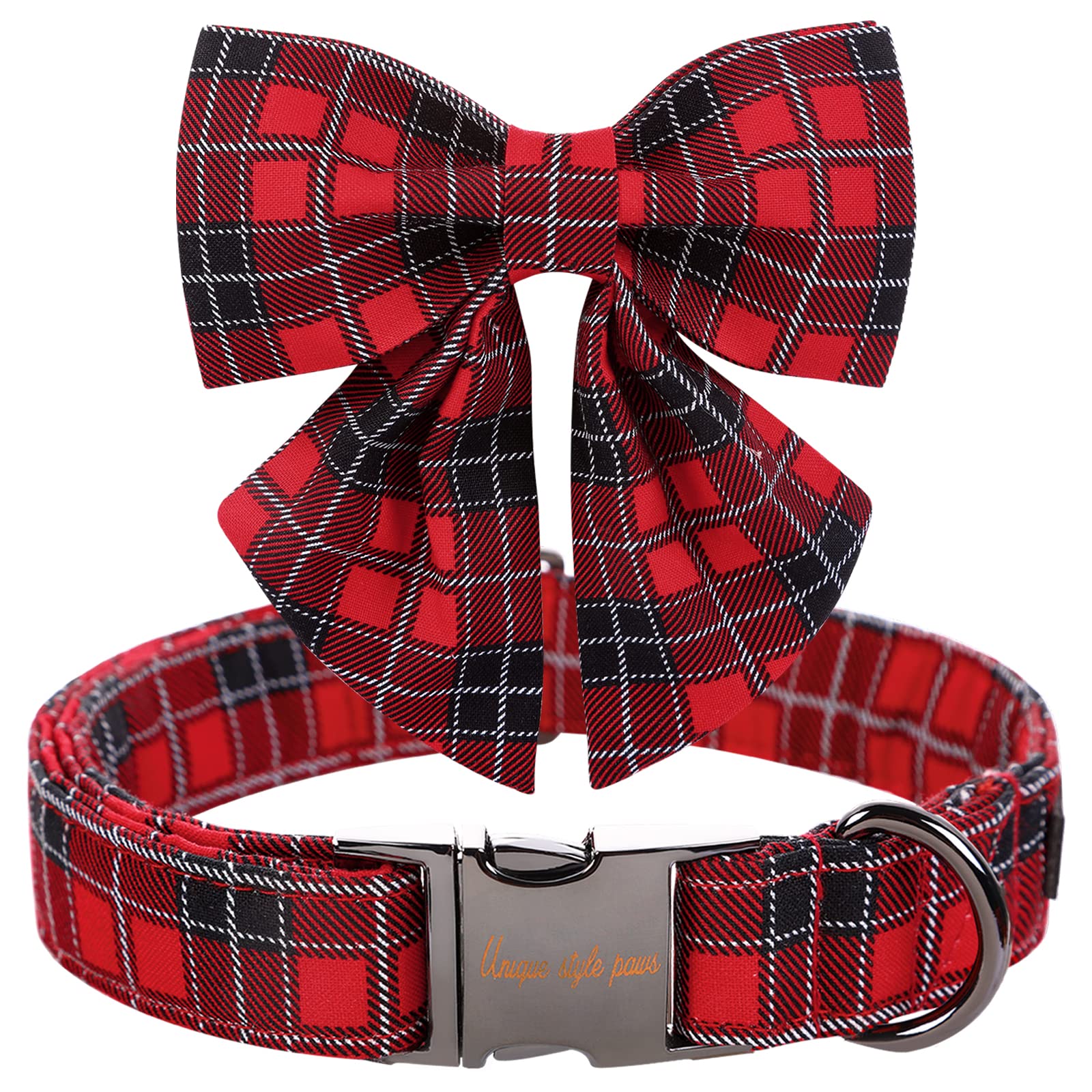 Unique Style Paws Christmas Dog Collar With Tie Red Black Grid Cotton Collar Adjustable Puppy Plaid Collar For Small Medium Large Dogs-Xs