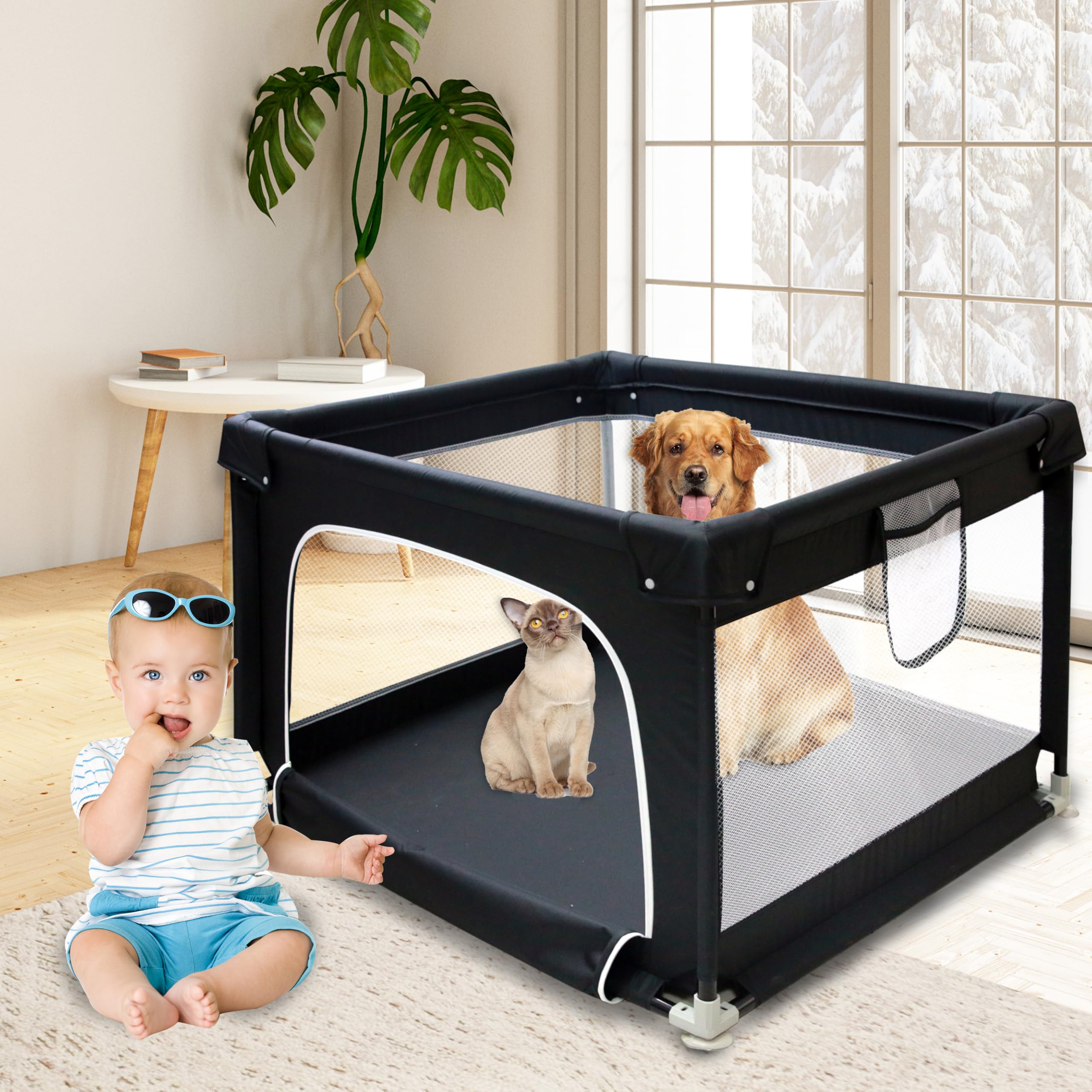 Goldshire Dog Playpen, 35.5X35.5X24.5 Inches Foldable Portable Puppy Playpen With Gate, High-Strength Breathable Fabric Mesh,Dog