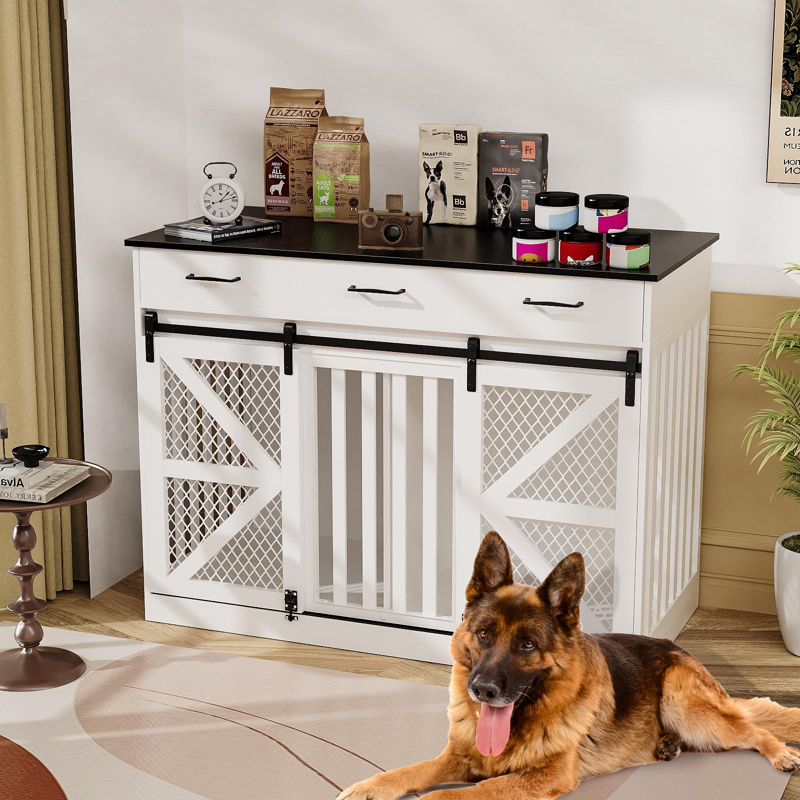 47 Inch Wooden Dog Crate Furniture for 2 Dogs with Removable Divider & Storage Drawers, Double Door Kennel for Medium and Extra