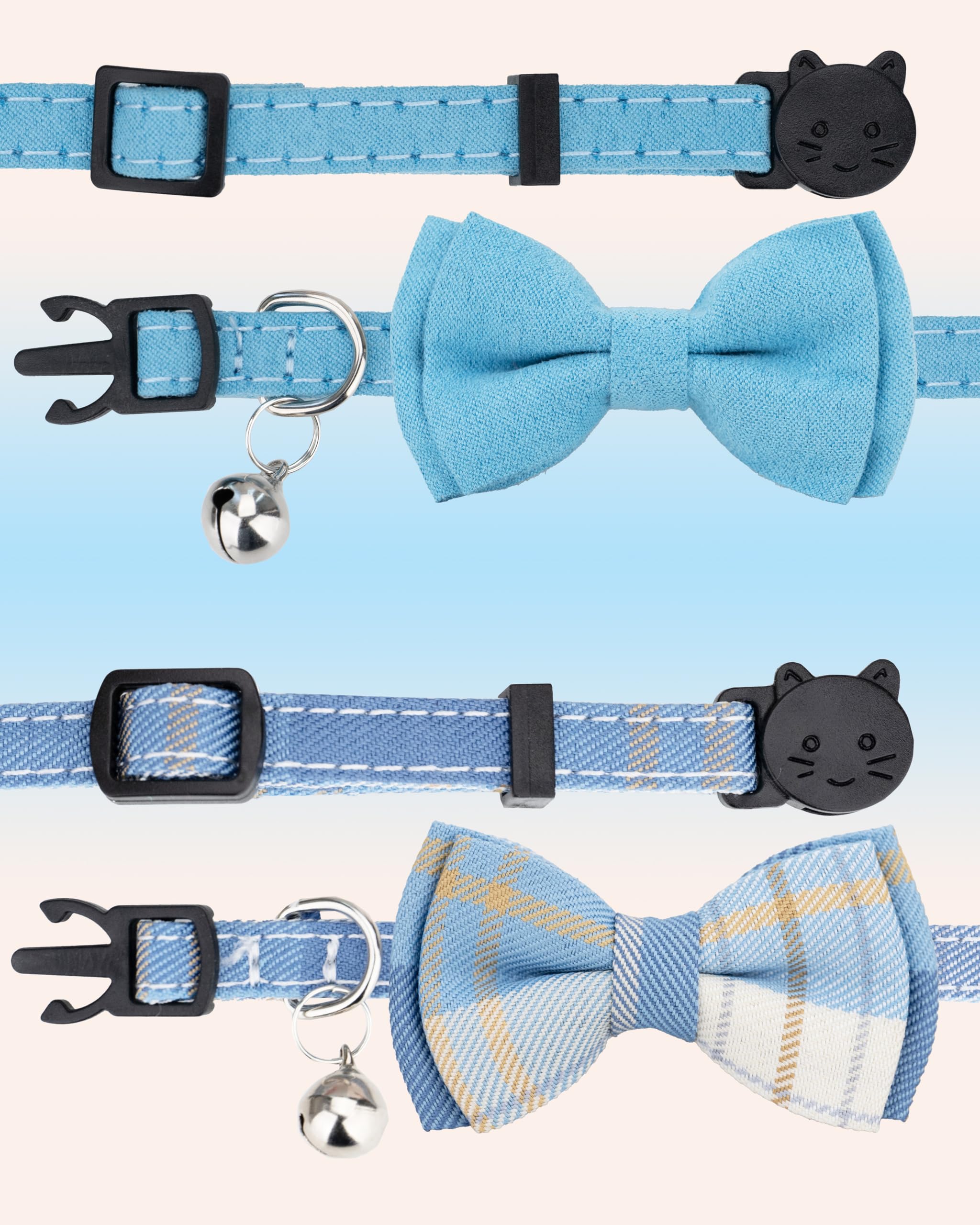 Gyapet Cat Collar Breakaway Bowtie Safety With Bell Adjustbale Kitten Puppy Solid Plaid Color Set J-[2Pcs] Blue