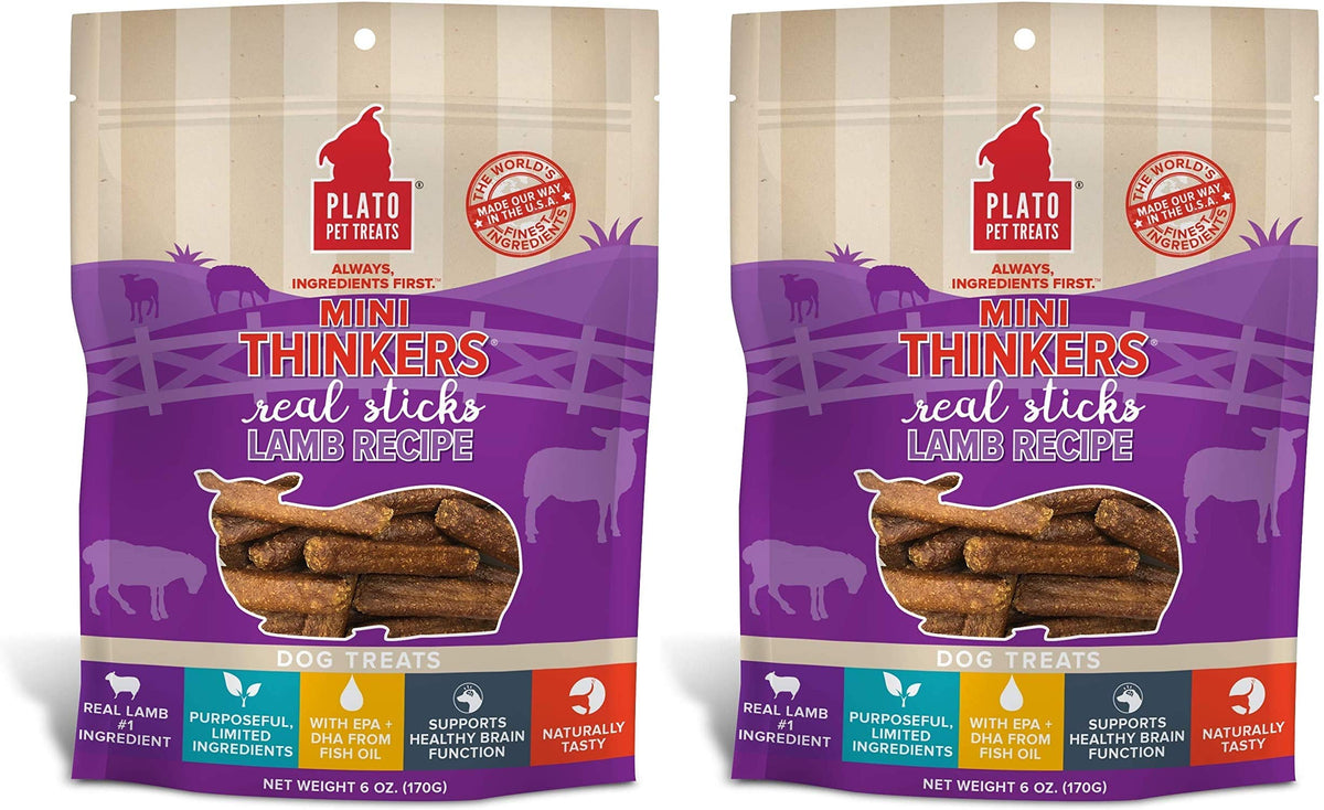 Plato 2 Pack Of Lamb Mini Thinkers Real Meat Sticks Dog Treats, 6 Ounces Each, Limited Ingredient, No Wheat