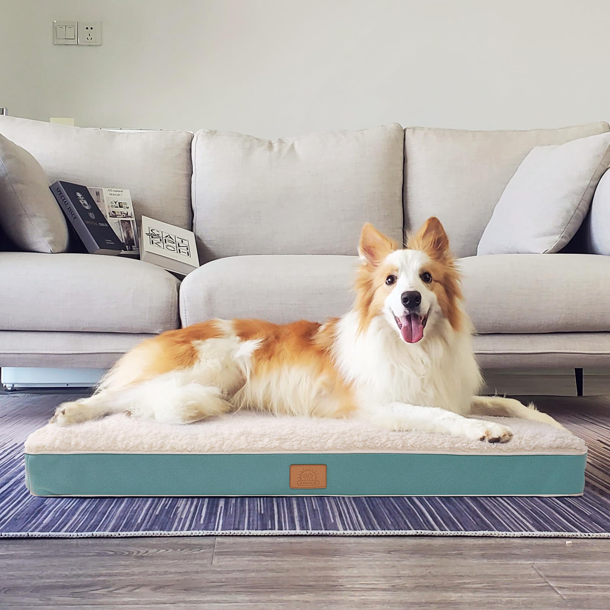 Sunheir Orthopedic Dog Bed For Extra Large Dogs, Xxl Waterproof Deluxe Plush Dog Crate Bed With Removable Washable Cover & Anti-Slip Bottom, Egg Crate Foam Pet Bed Mat, 44 X 32 Inches, Blue