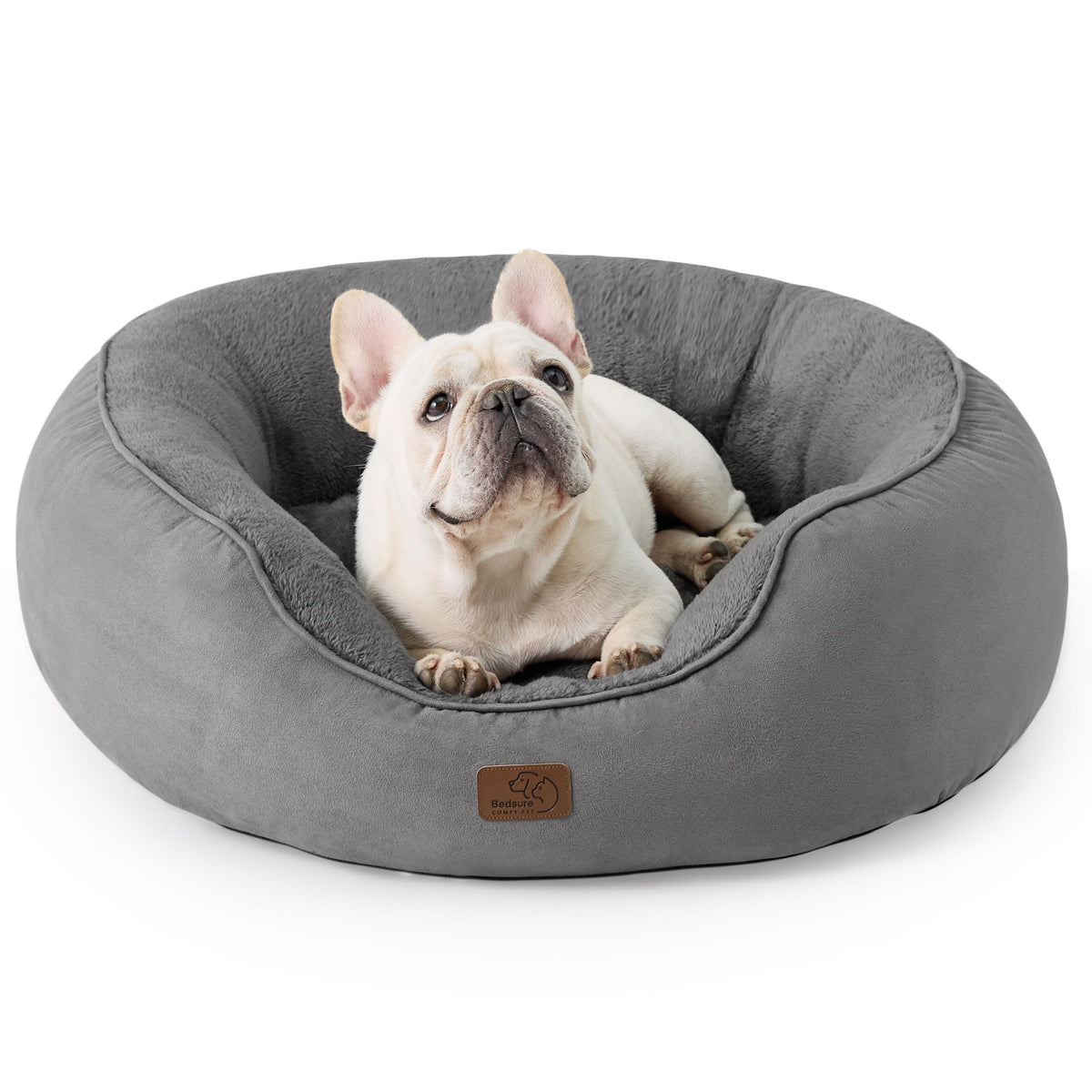 Bedsure Dog Bed For Medium Dogs - Round Washable Medium Pet Bed, Anti-Slip Donut Fluffy Plush Indoor Fur Cat Bed, 30 Inches, Grey