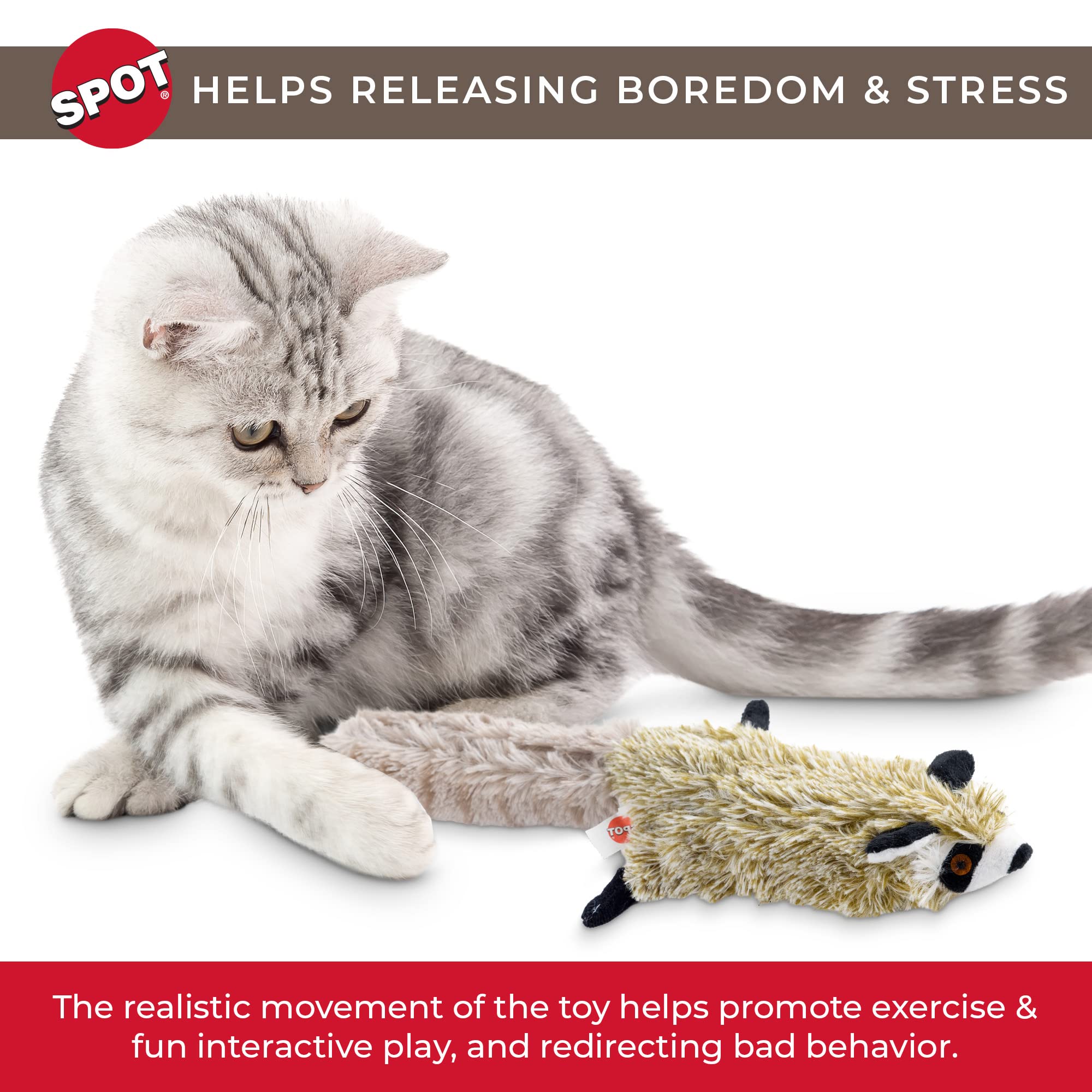 Spot Flippin?Skinneeez Raccoon Cat Toy With Catnip ?Realistic Flopping Design, Touch-Activated Movement And Sounds, Usb Rechargeable, Perfect For Indoor Cats, 15-Inch