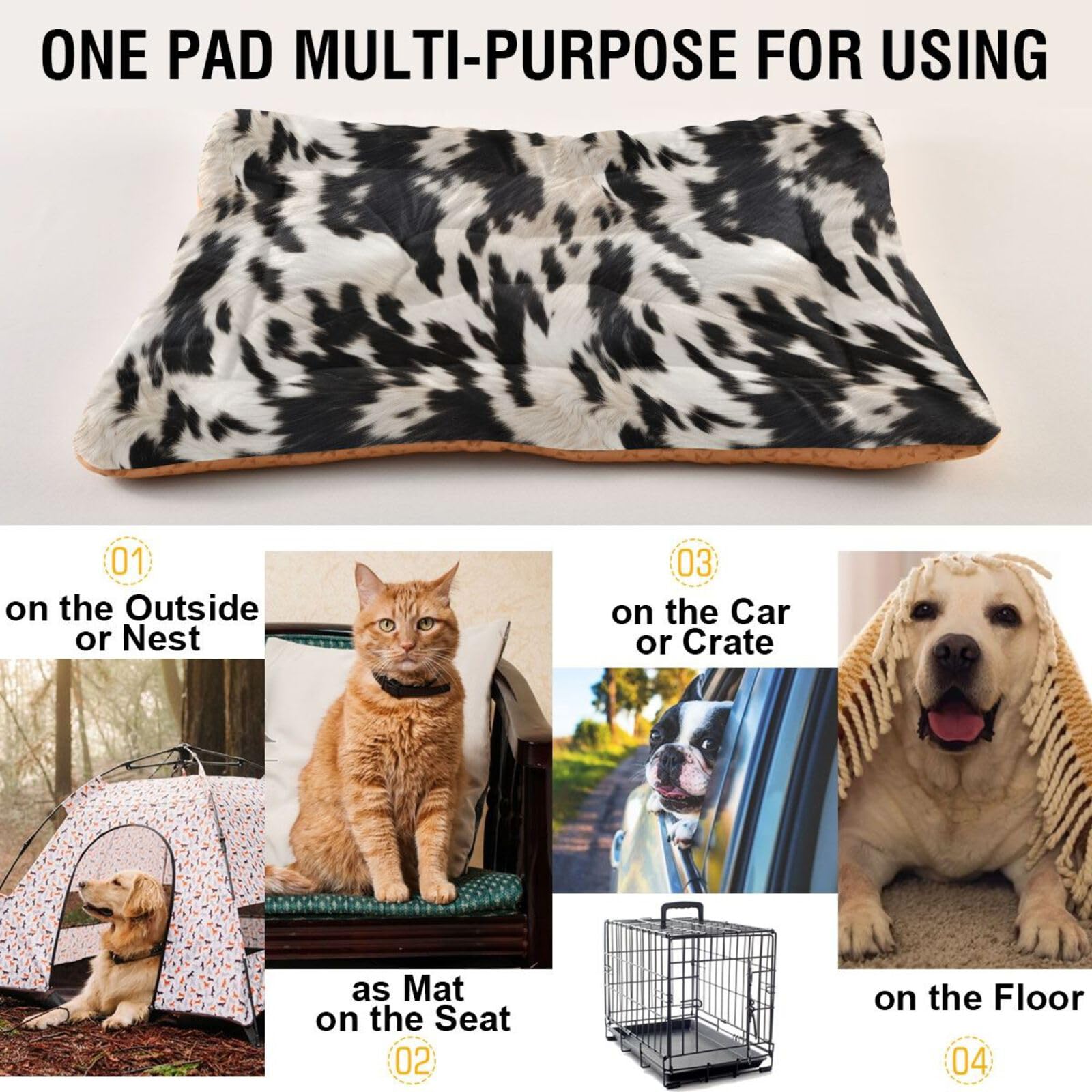 Coikll 3D Cow Print Pet Bed Pad Soft Dog Bed Mat With Anti-Slip Bottom, Machine Washable Crate Pad Mattress For Dog Sleeping- 36