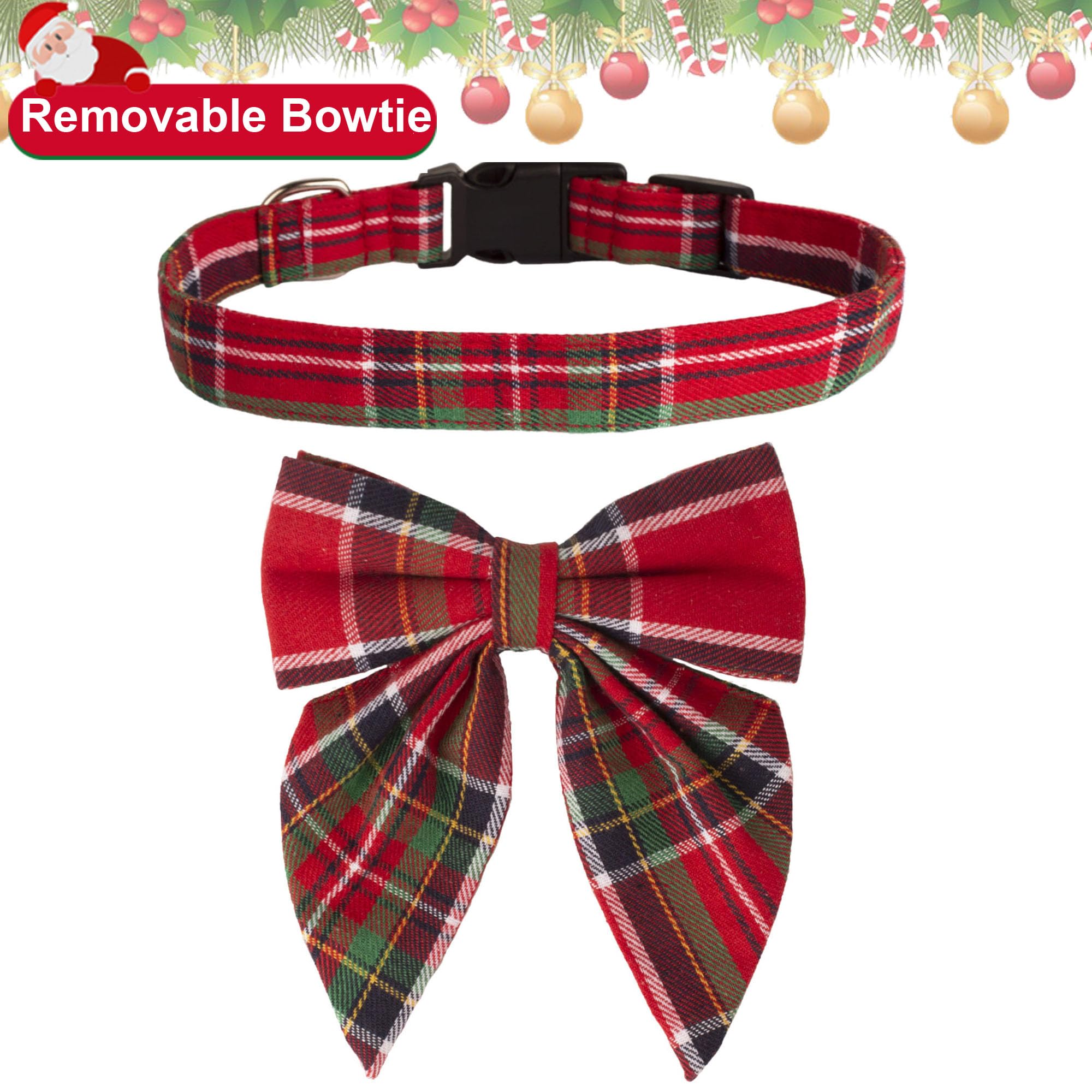 Adoggygo Christmas Dog Collar With Bow, Adjustable Cotton Red Green Plaid Bowtie Dog Christmas Collars For Small Medium Large Dogs Pets (Large, Xmas)