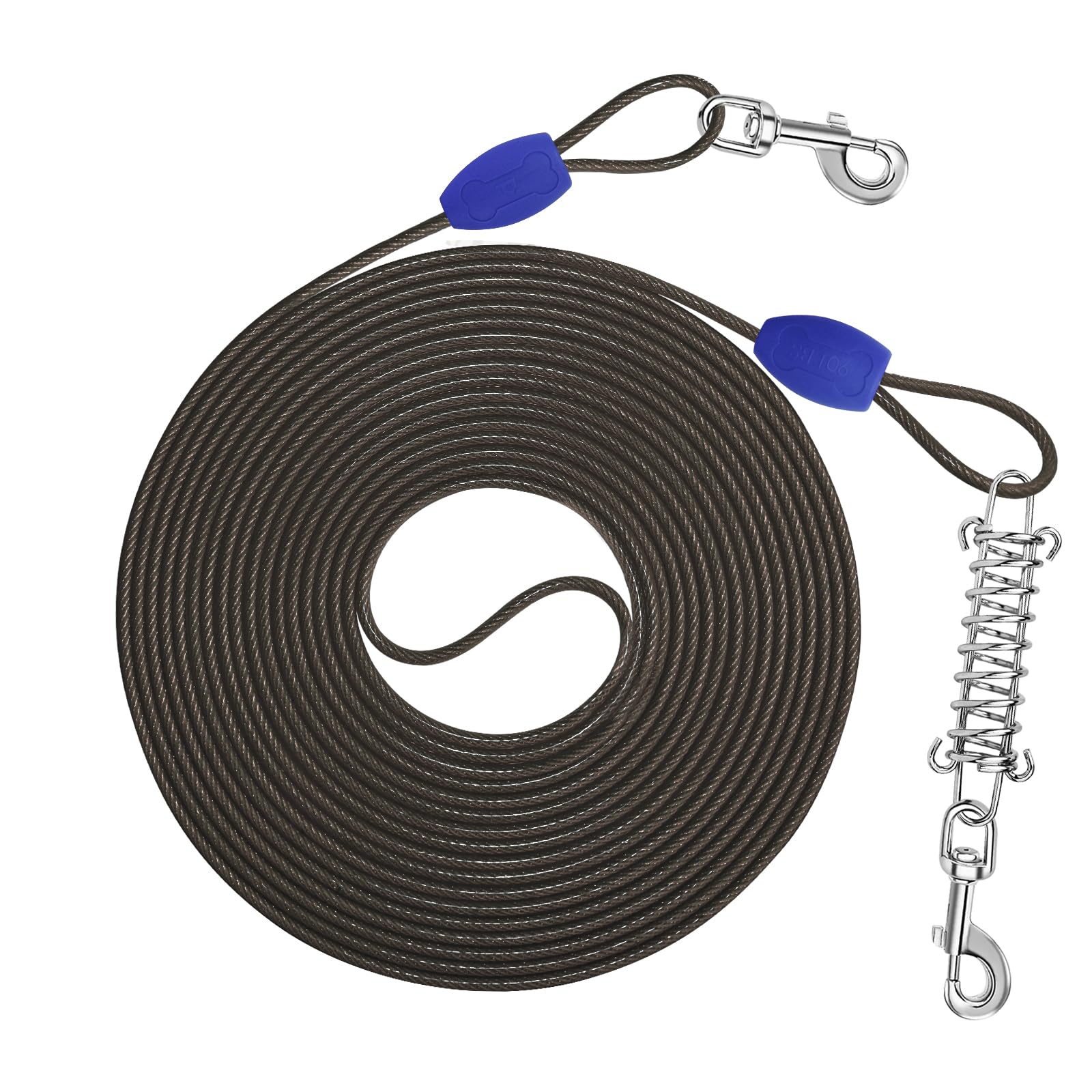 Petbobi Dog Tie-Out Cable 25Ft - Outdoor Leash 4Mm Metal Cable With Shock Absorbing Spring 360 Swivel Clips, Chain For Dogs Yard