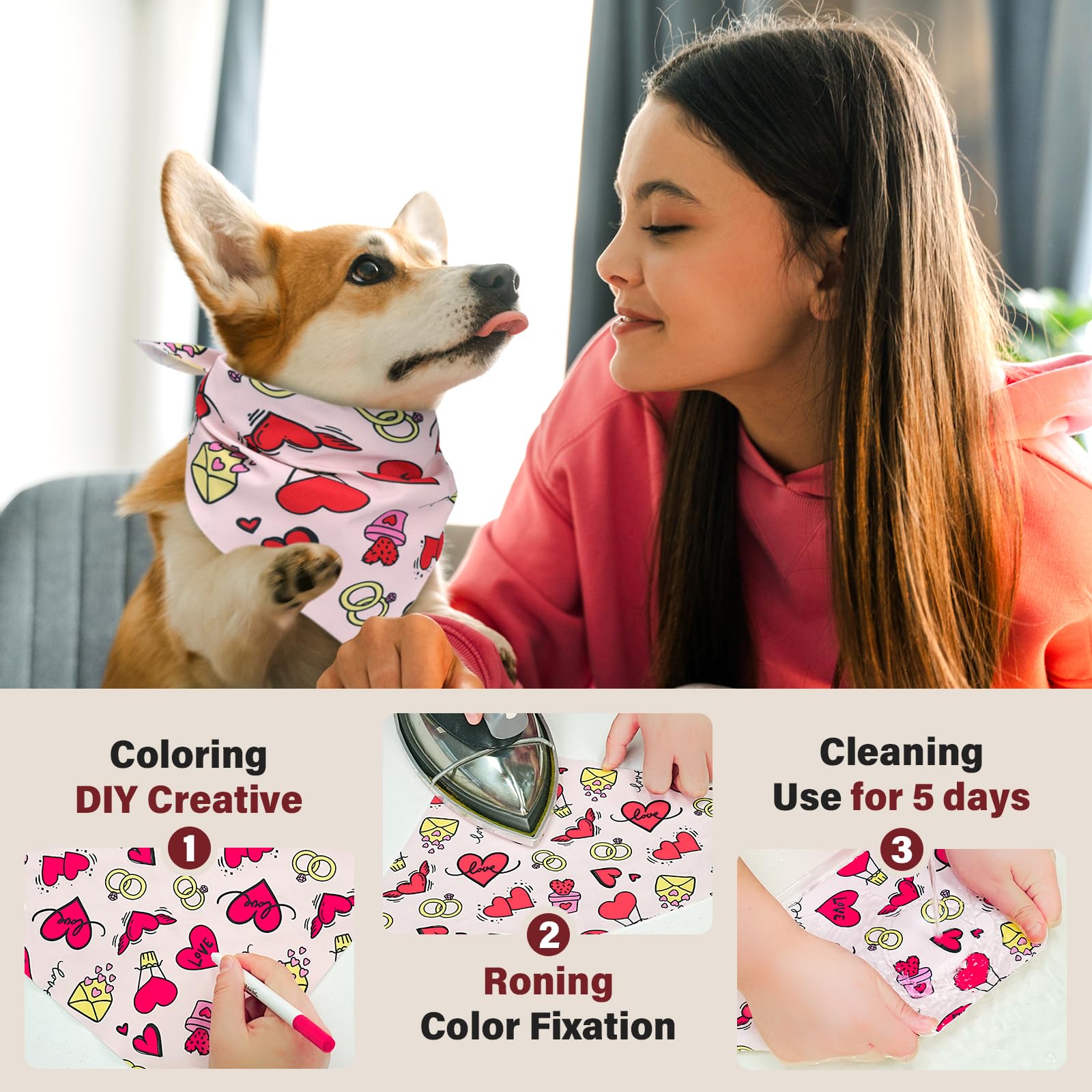 Supet Diy Love Dog Bandana Scarf With Permanent Marker, Washable, Unisex Pet Accessory Dogs, Romantic Puppy Gifts For Engagement