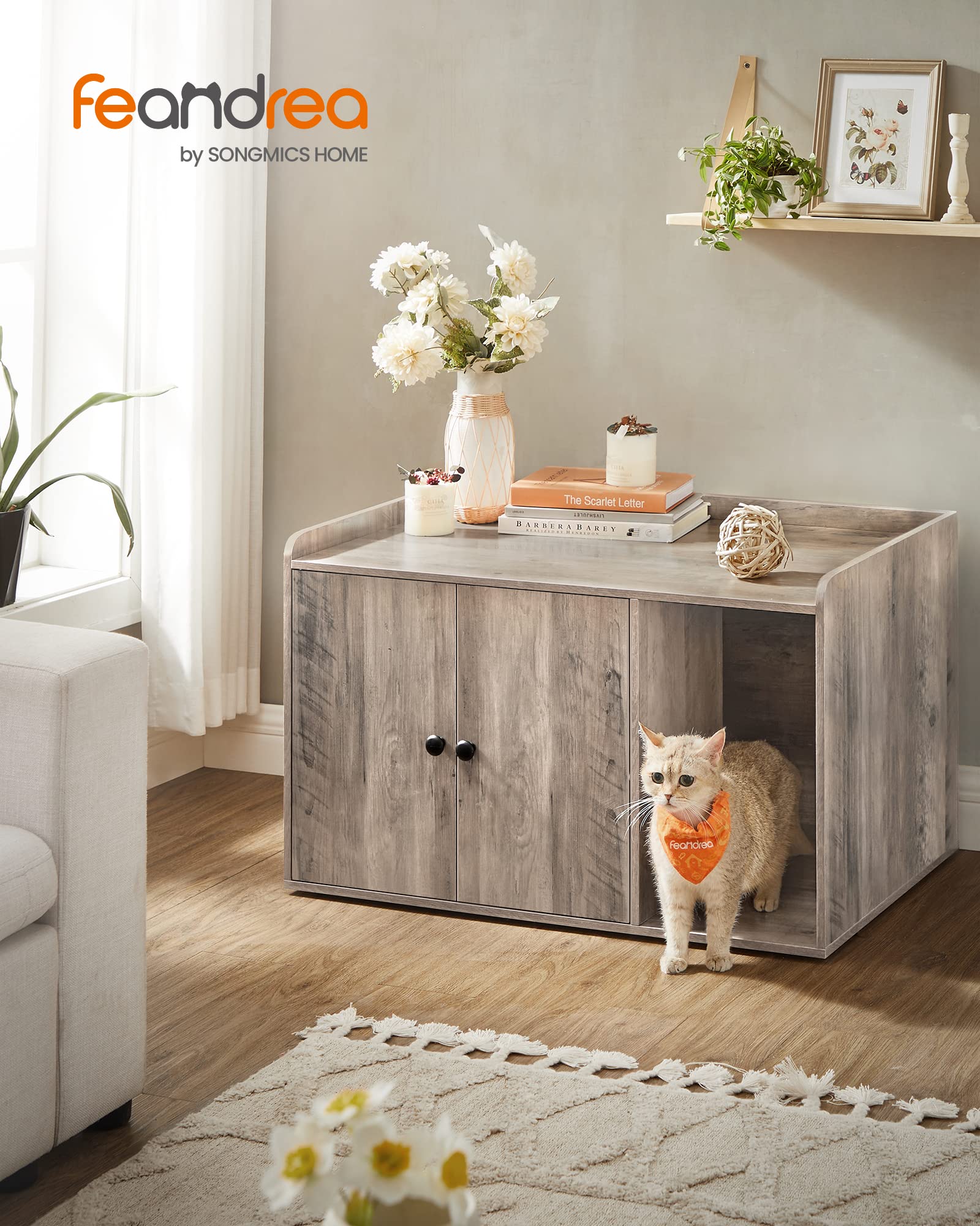 Feandrea Litter Box Enclosure, Cat Litter Box Furniture Hidden, With Front Entry, Modern Cat House For Indoor Cat, Kitty, Side End Table, 32.4 X 20.9 X 19.7 Inches, Greige Upcl001G01