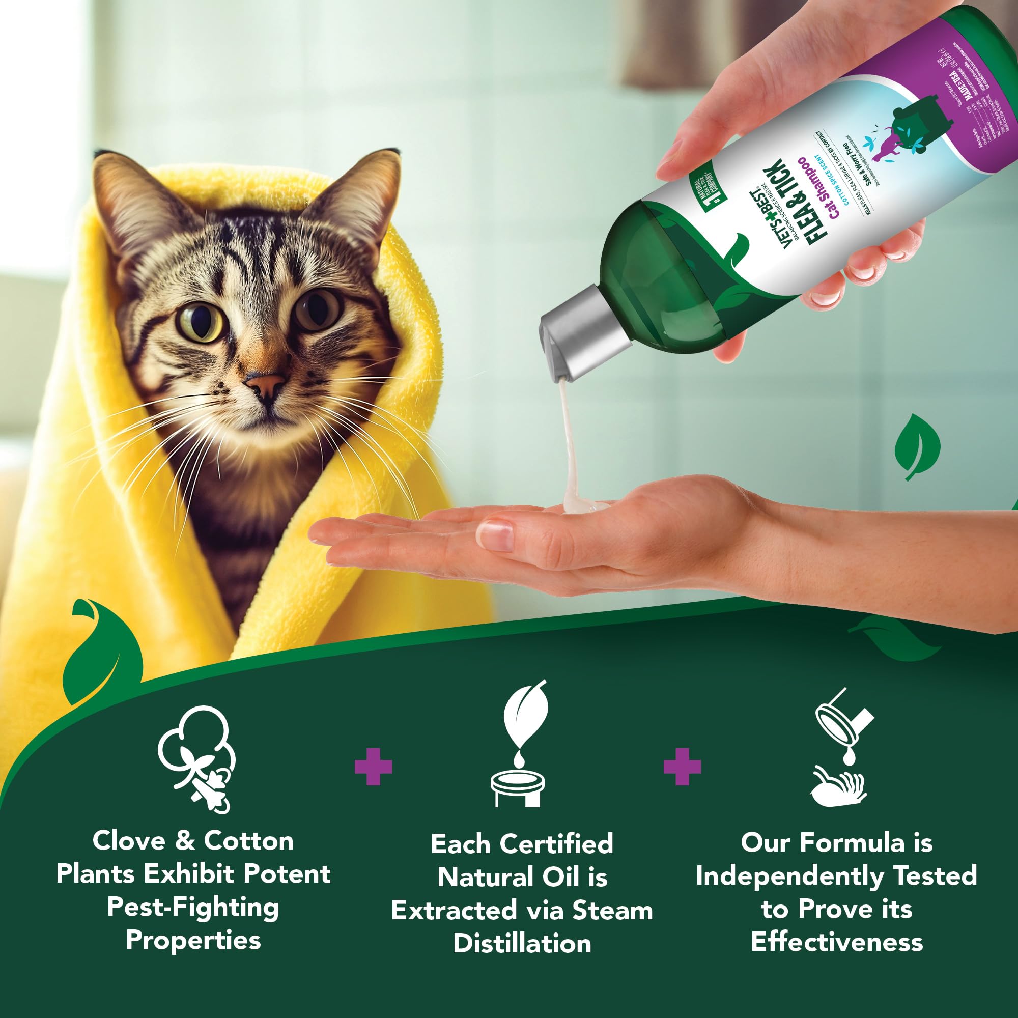 Vets Best Flea & Tick Shampoo for Cats - Premium Flea and Tick Treatment for Cats - Plant-Based Ingredients - Certified Natural