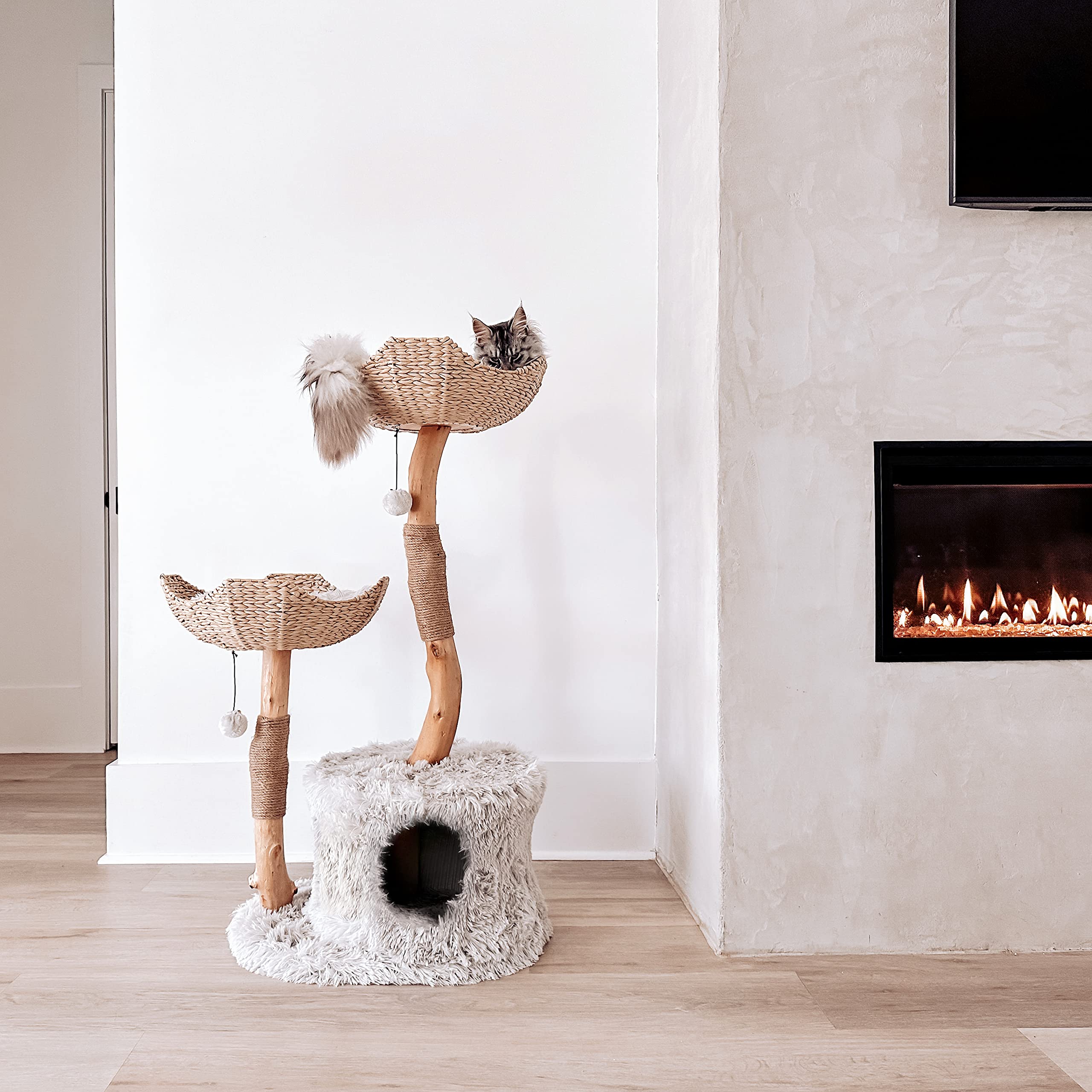 Mau Lifestyle Modern Cat Tree Tower, Real Branch Luxury Cat Condo, Wood Cat Tower, Scratching Tree, Cat Lover Gift