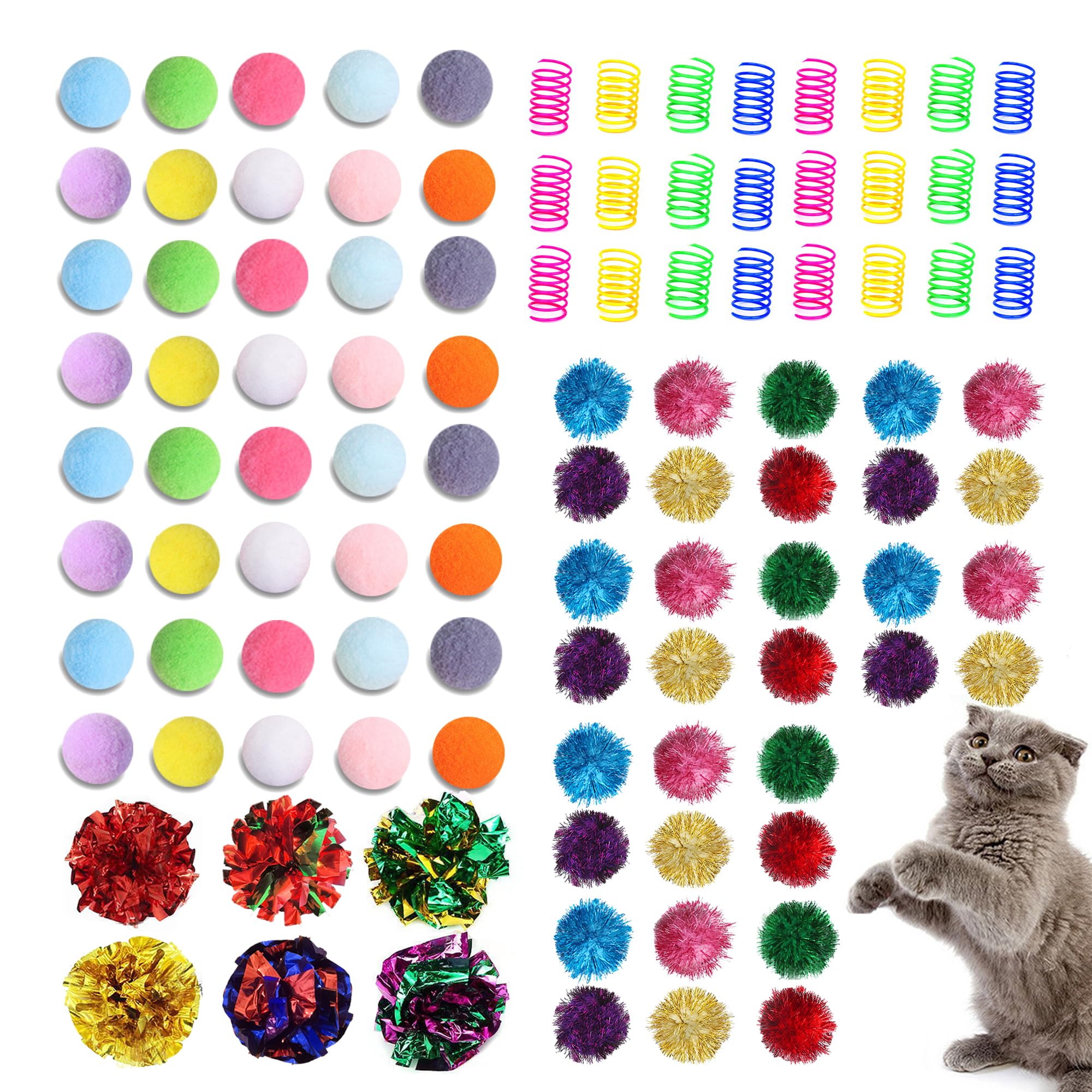 Posapet 100Pcs Cat Toys Assortment - Interactive Kitten Toy Bundle With Sparkle Balls, Premium Silent Soft Pom Poms, Crinkle Bal