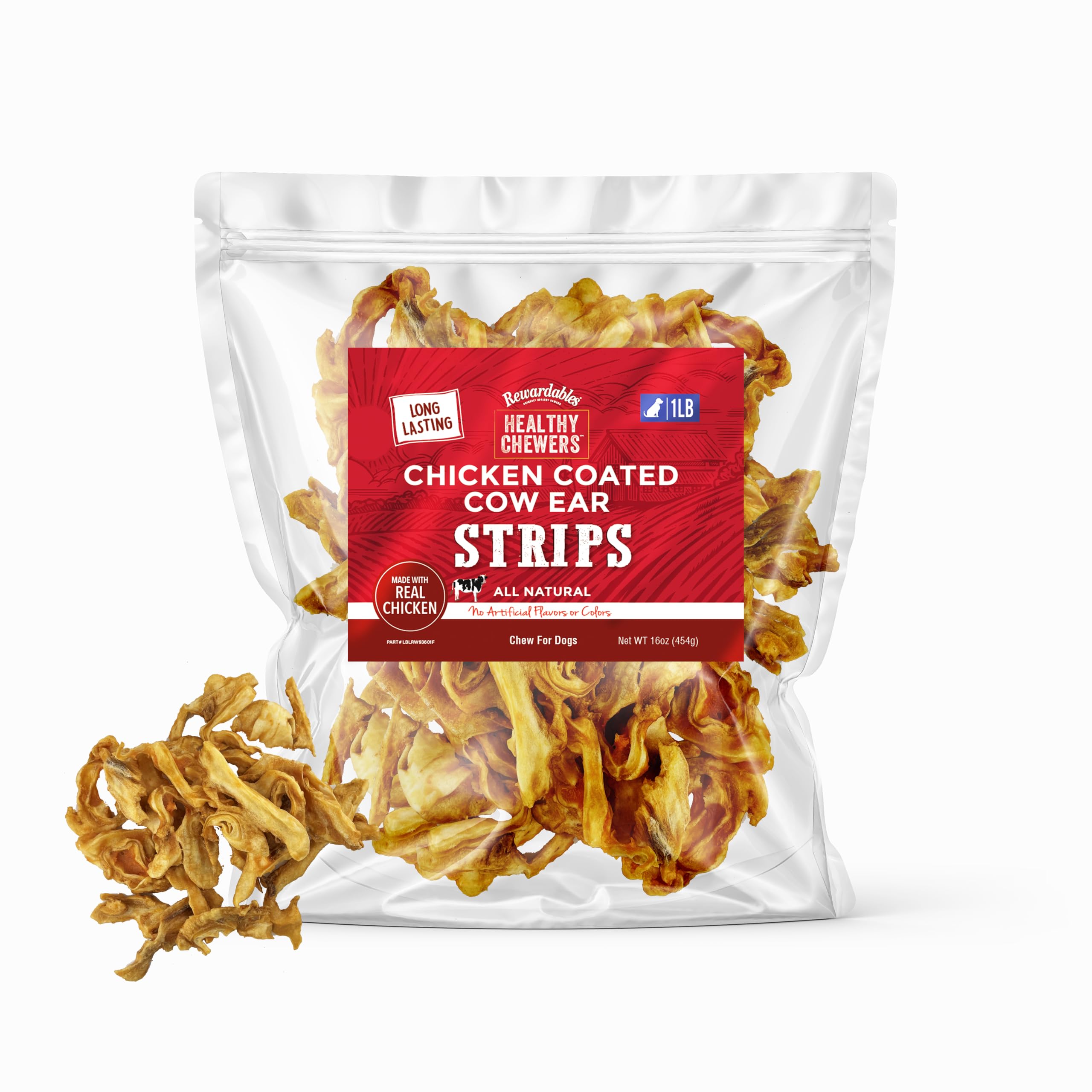 Rewardables Chicken Coated Cow Ear Strips for Dogs - Natural Long Lasting Dog Chews, No Artificial Flavors or Colors, 1 lb Bag -