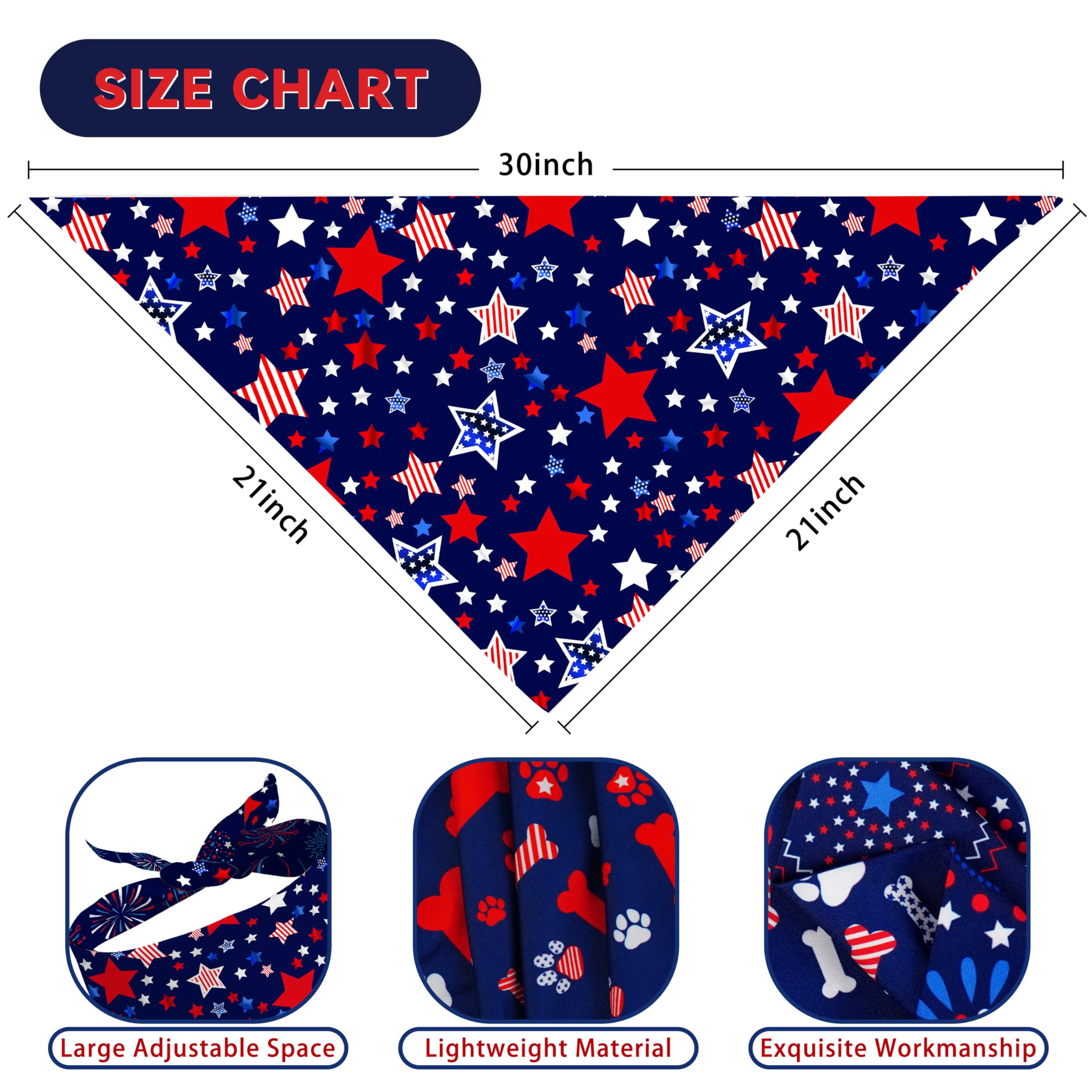 4Th Of July Dog Bandana Reversible 2 Pack Large, Red White And Blue Patriotic Pet Bandanas Set Adjustable Triangle Holiday Scarv