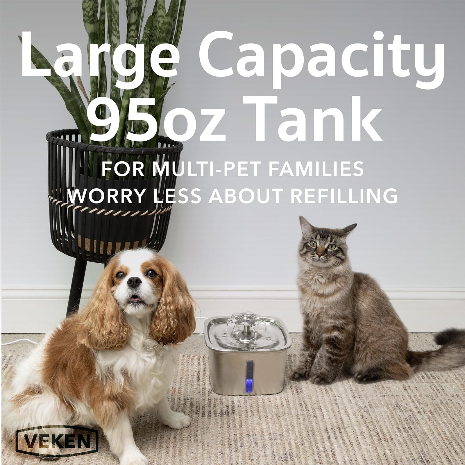 Veken Innovation Award Winner Stainless Steel Cat Water Fountain, 95Oz/2.8L Automatic Pet Fountain Dog Water Dispenser With Repl